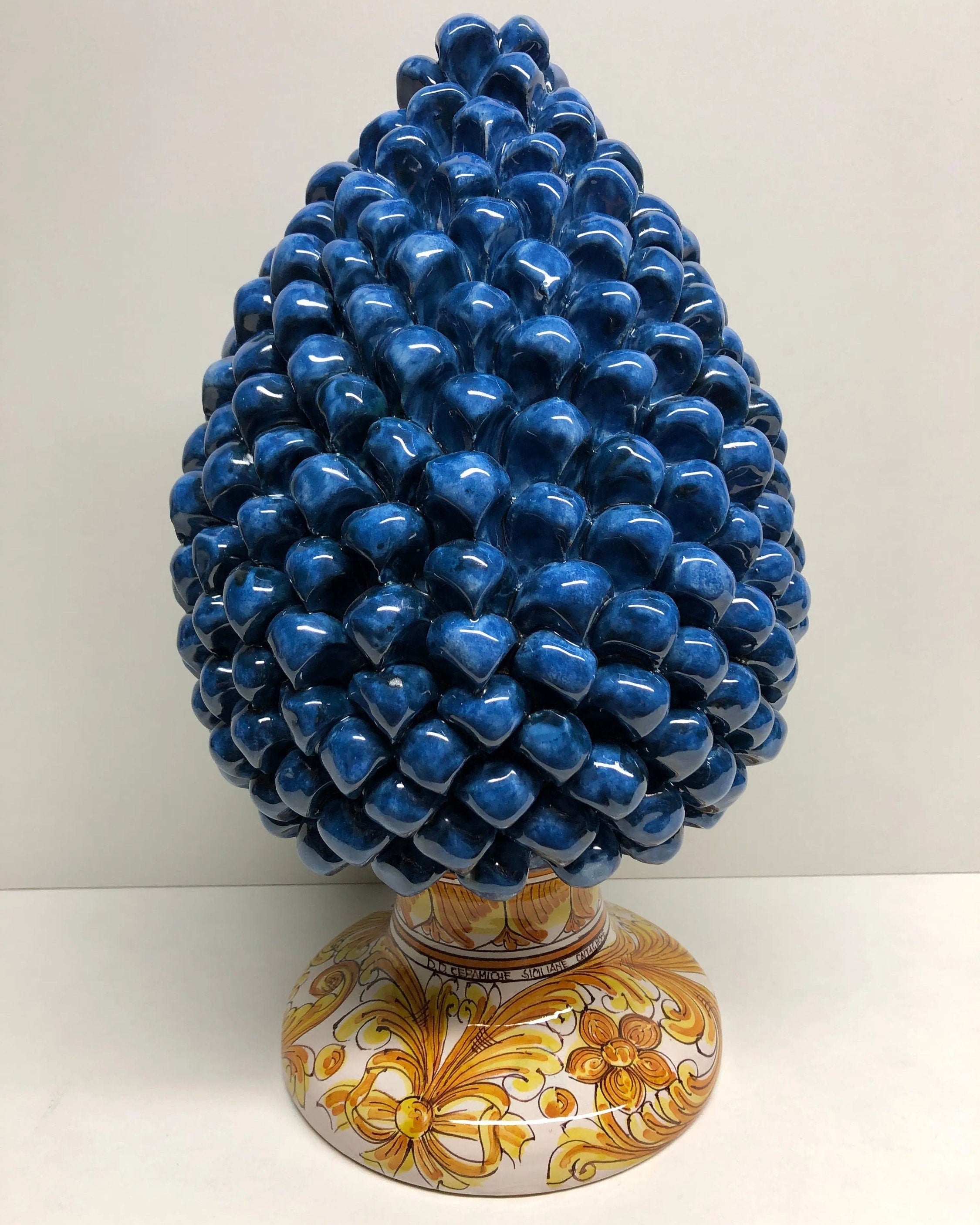 Pigna Ceramica Caltagirone cm H.35 Artigianale Blu Antico Base Decorata DD CERAMICHE SICILIANE