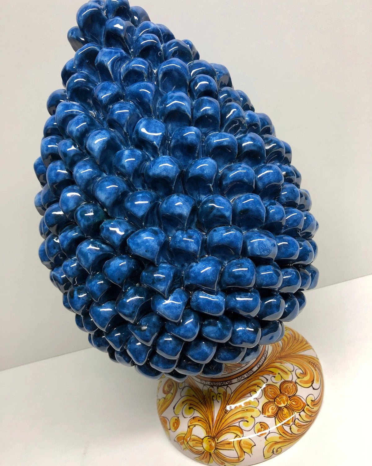 Pigna Ceramica Caltagirone cm H.35 Artigianale Blu Antico Base Decorata DD CERAMICHE SICILIANE