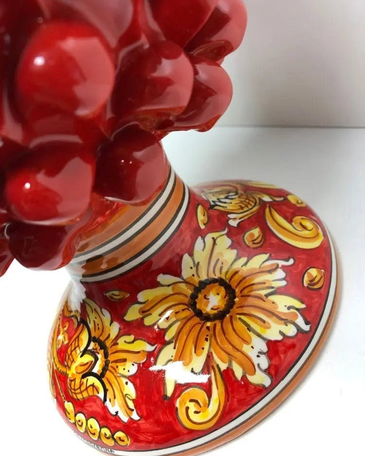 Pigna Ceramica Caltagirone cm H.35 Artigianale Rosso Base Decorata Giglio DD CERAMICHE SICILIANE