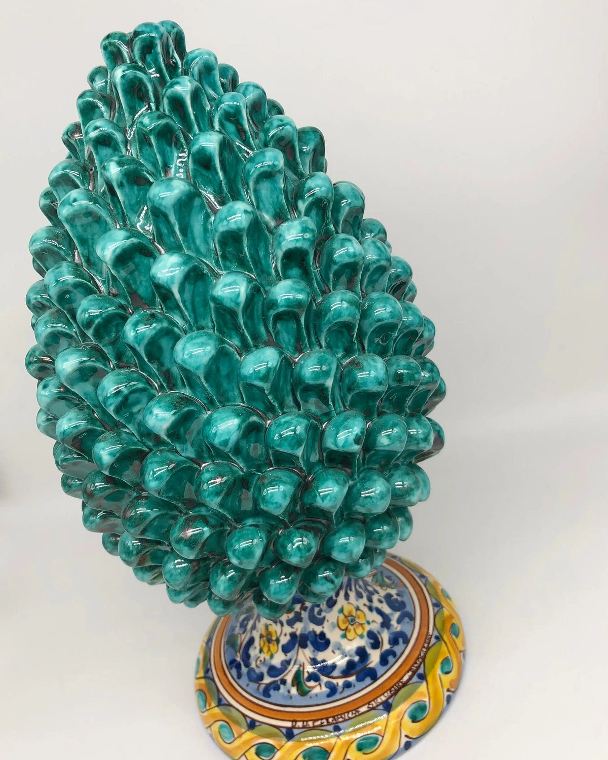 Pigna Ceramica Caltagirone cm H.35 Artigianale Verde Acqua Base Decorata Fiori DD CERAMICHE SICILIANE