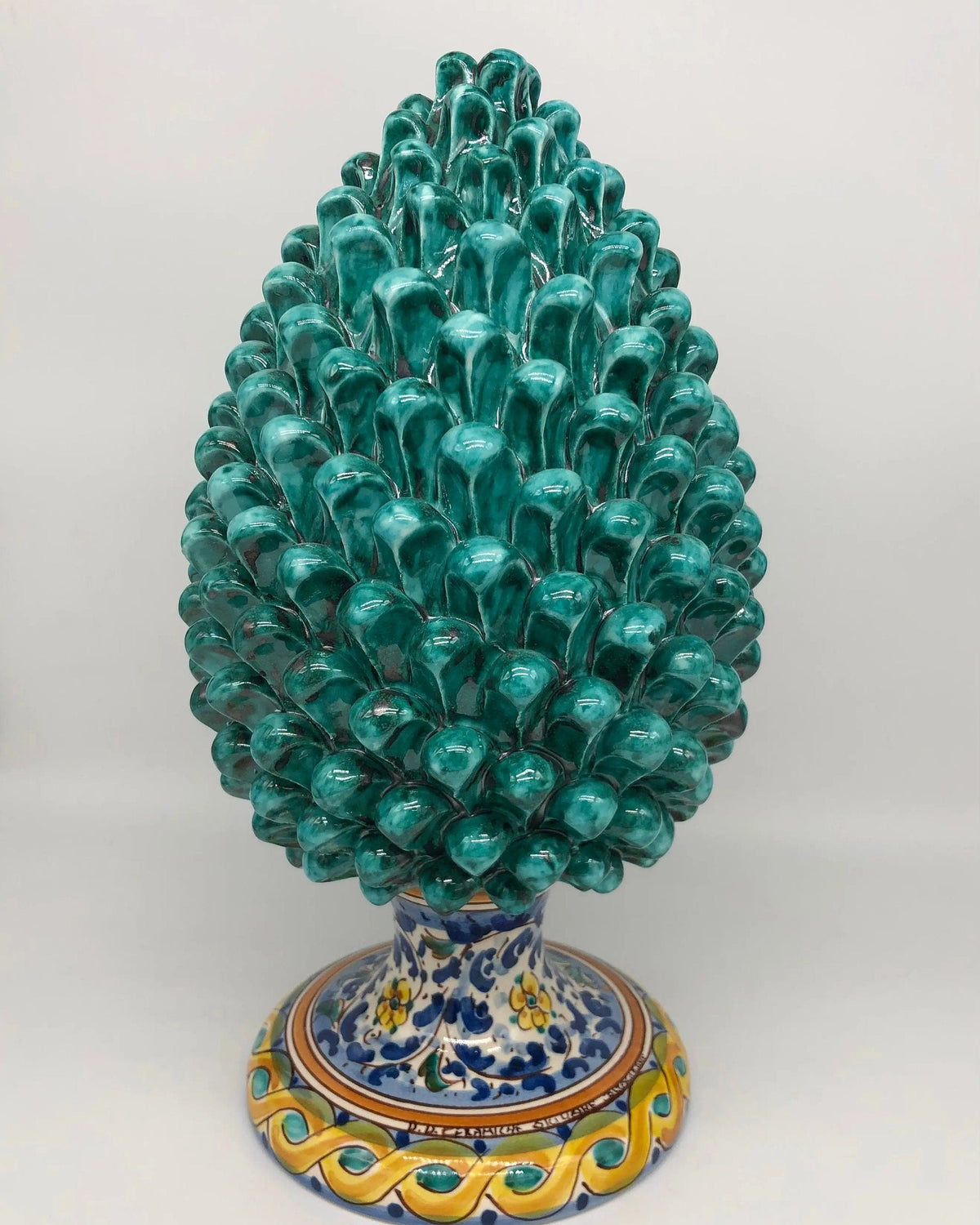 Pigna Ceramica Caltagirone cm H.35 Artigianale Verde Acqua Base Decorata Fiori DD CERAMICHE SICILIANE