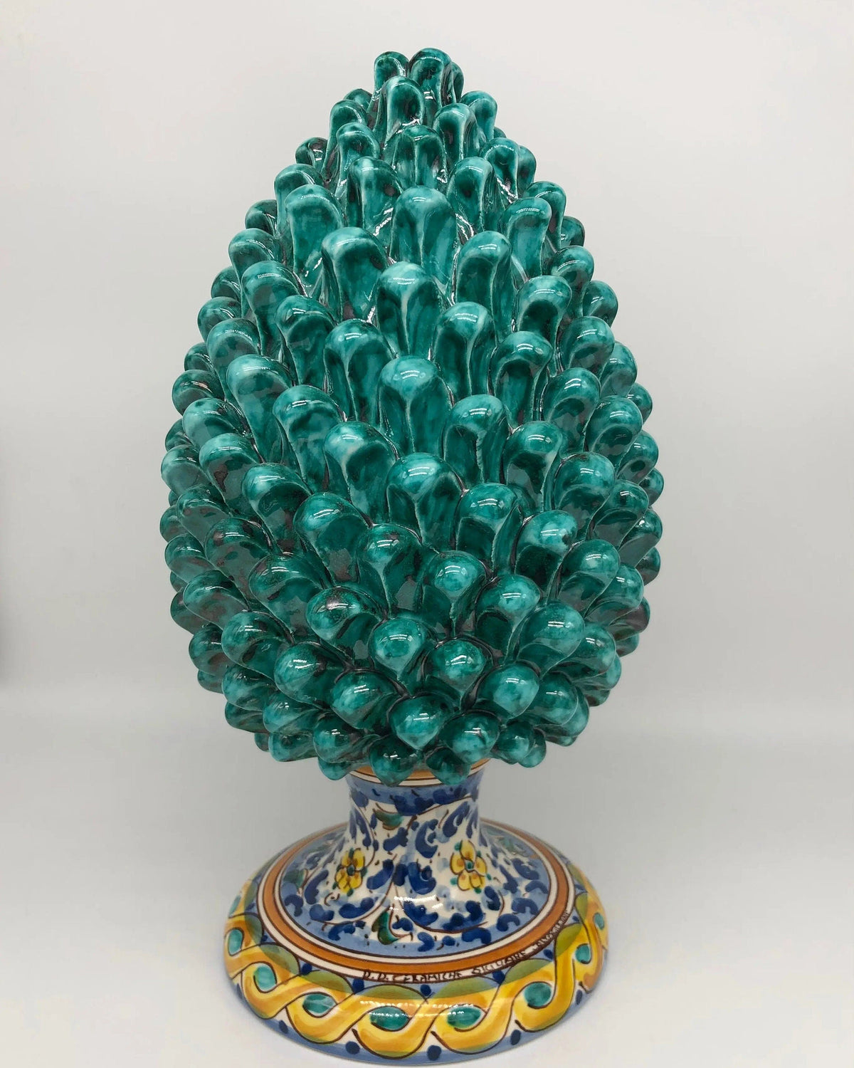 Pigna Ceramica Caltagirone cm H.35 Artigianale Verde Acqua Base Decorata Fiori DD CERAMICHE SICILIANE