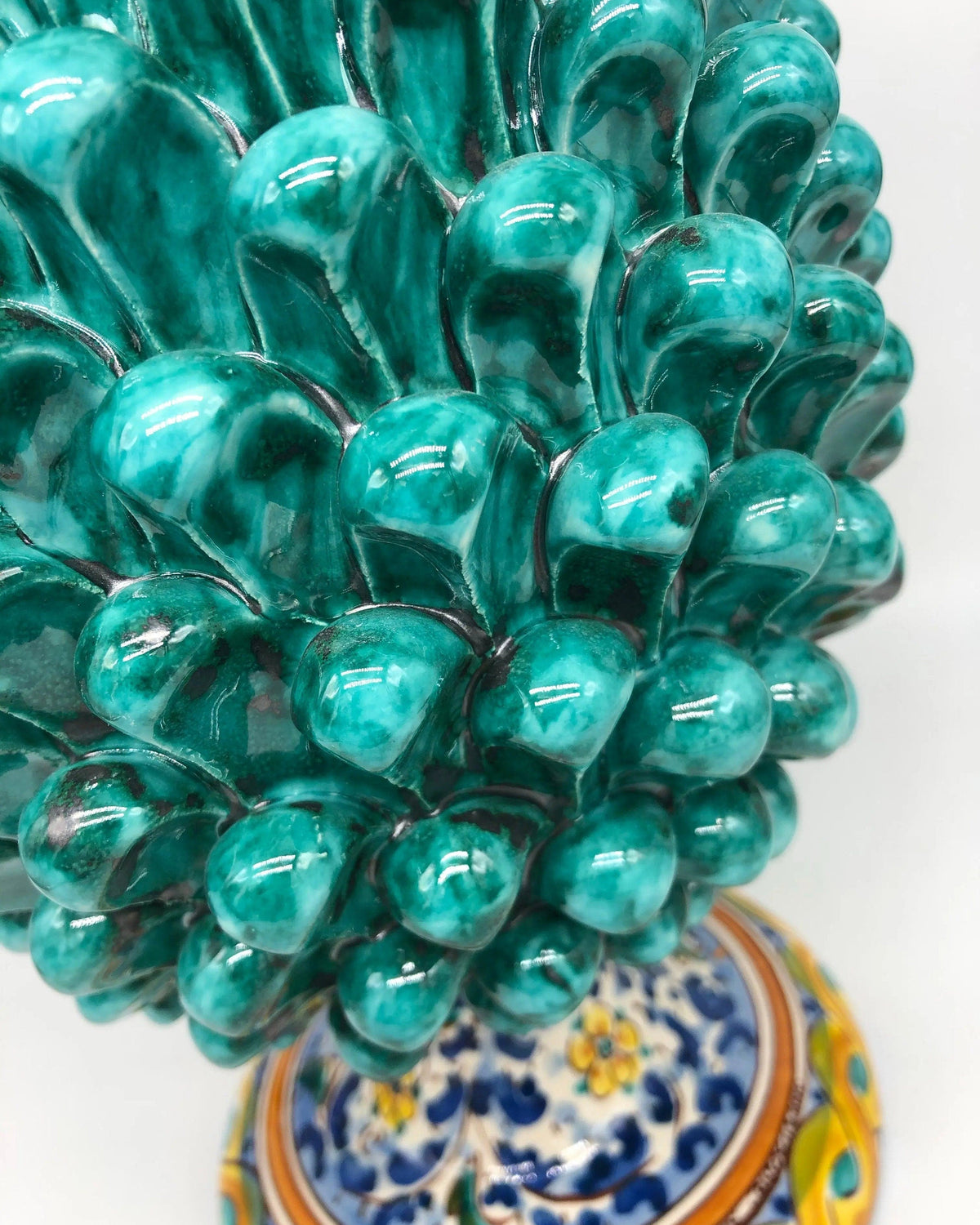 Pigna Ceramica Caltagirone cm H.35 Artigianale Verde Acqua Base Decorata Fiori DD CERAMICHE SICILIANE