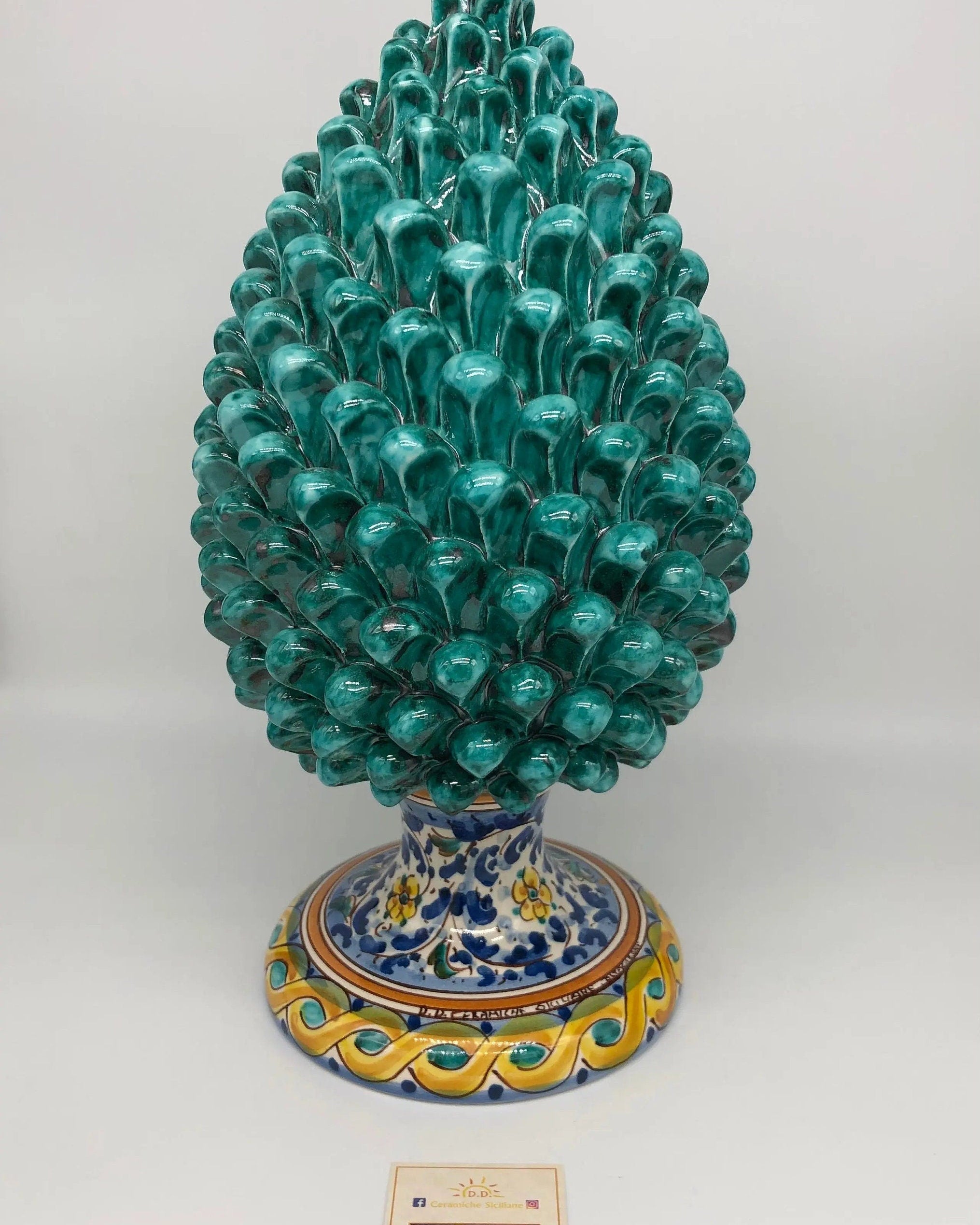 Pigna Ceramica Caltagirone cm H.35 Artigianale Verde Acqua Base Decorata Fiori DD CERAMICHE SICILIANE