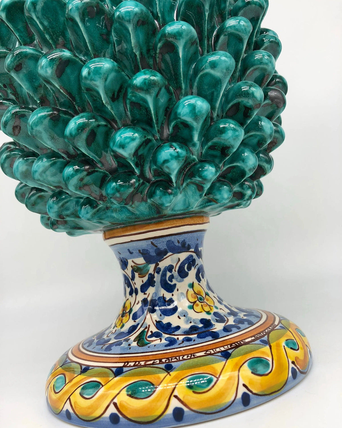 Pigna Ceramica Caltagirone cm H.35 Artigianale Verde Acqua Base Decorata Fiori DD CERAMICHE SICILIANE