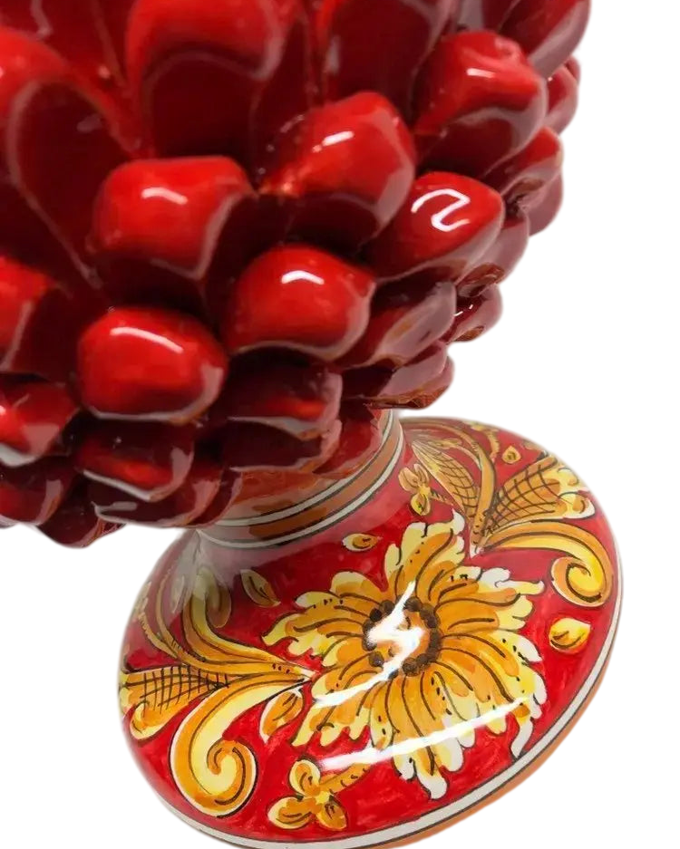Pigna Ceramica Caltagirone cm H.40 Artigianale Rosso Base Decorata Giglio - DD CERAMICHE SICILIANE