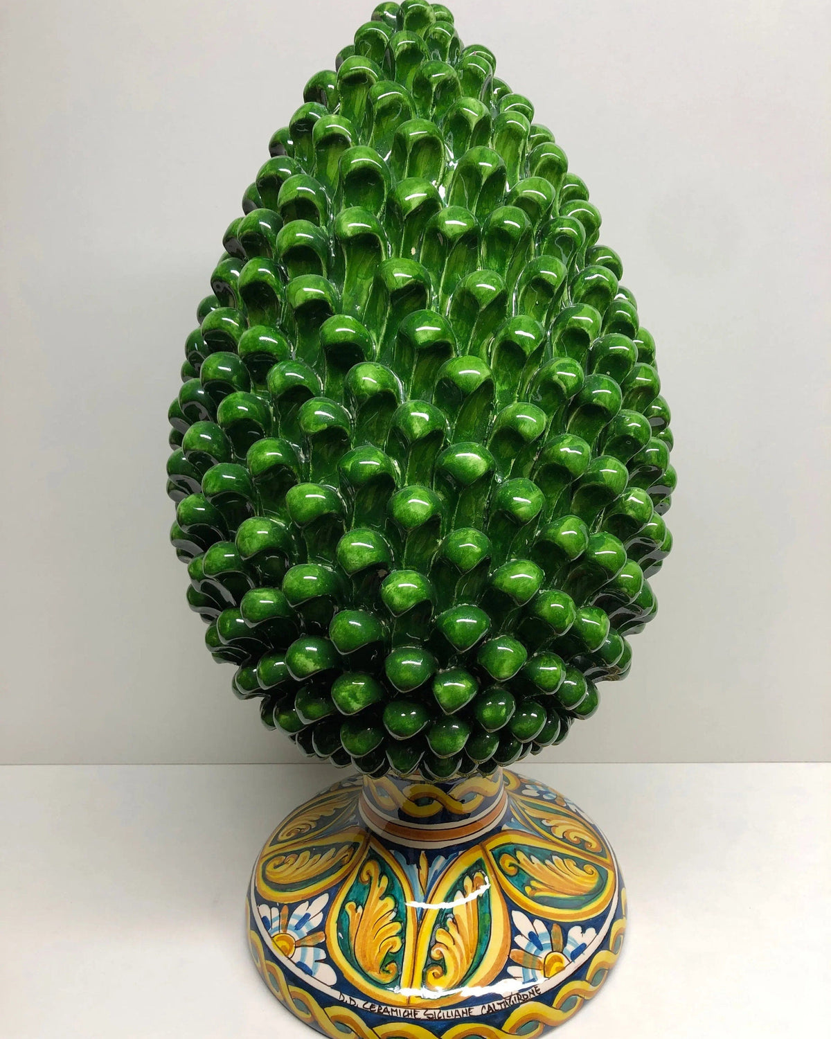 Pigna Ceramica Caltagirone cm H.50 Artigianale Verde Prato Base Decorata DD CERAMICHE SICILIANE