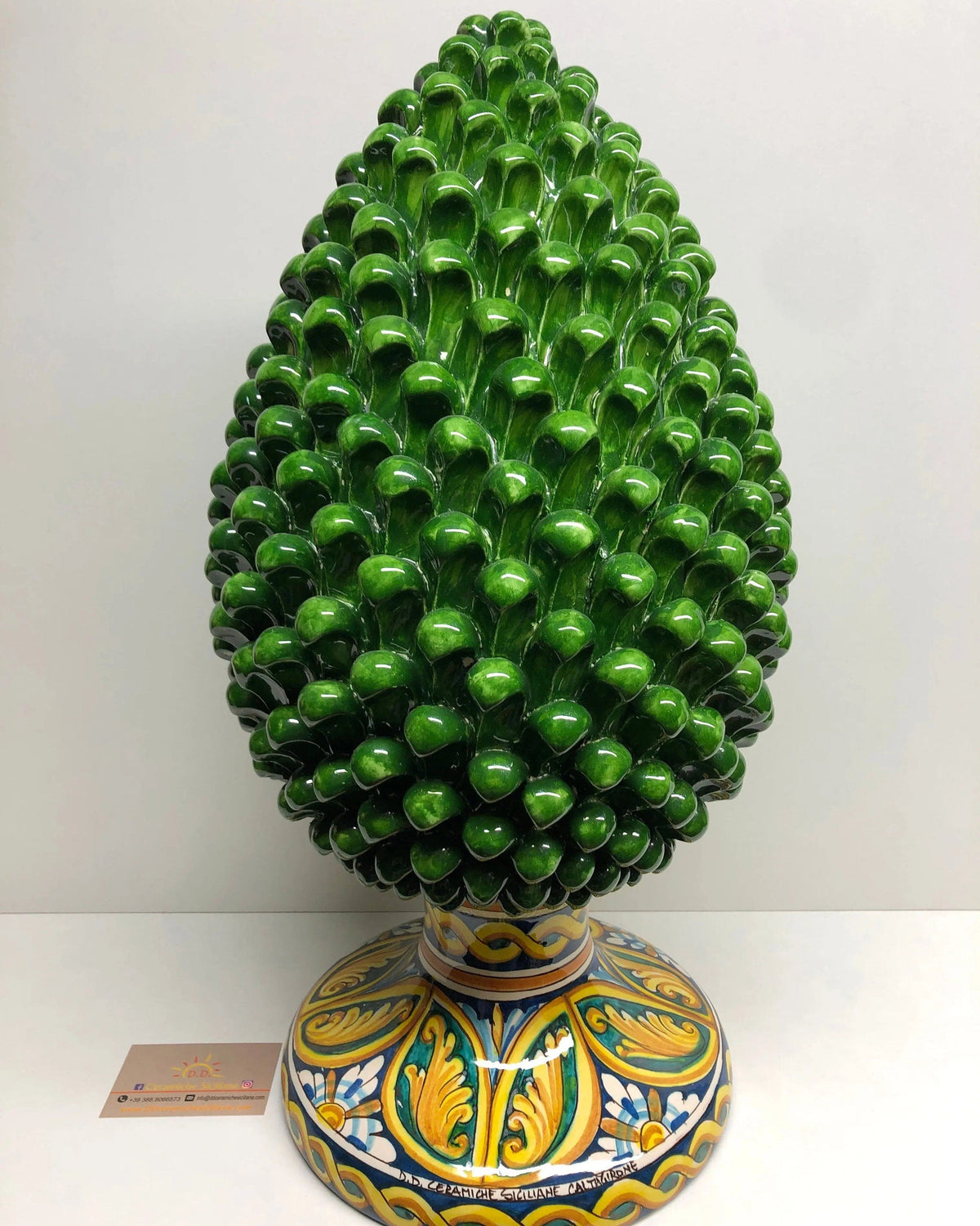 Pigna Ceramica Caltagirone cm H.50 Artigianale Verde Prato Base Decorata DD CERAMICHE SICILIANE