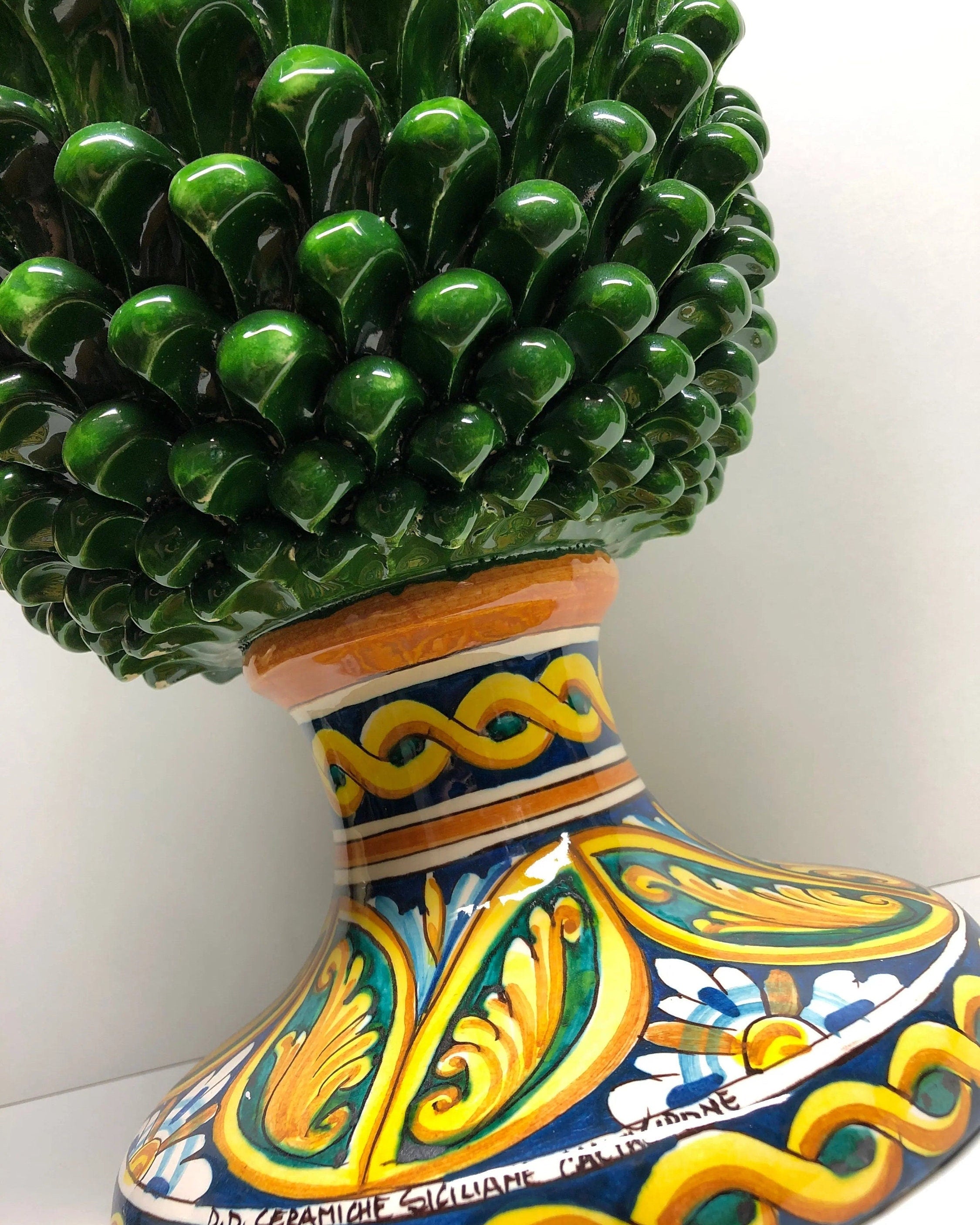 Pigna Ceramica Caltagirone cm H.50 Artigianale Verde Prato Base Decorata DD CERAMICHE SICILIANE