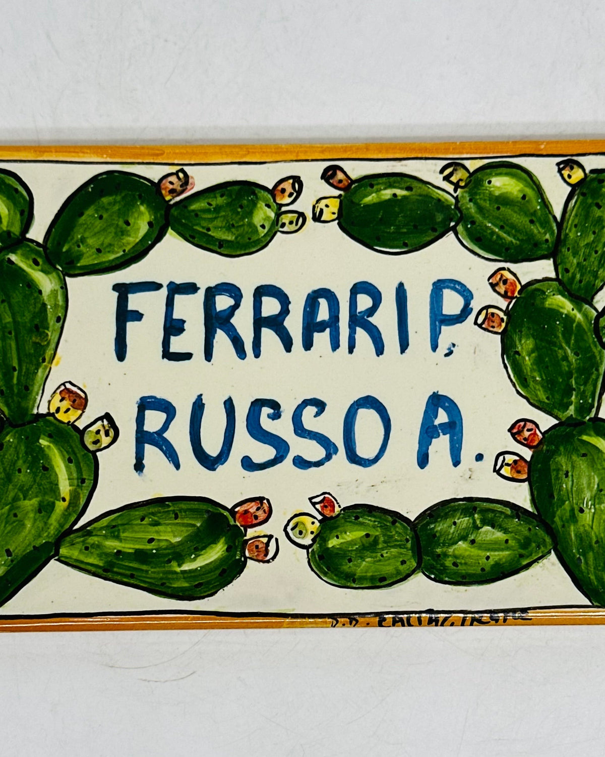 Targa Famiglia Mattonella cm 15x10 Ceramica Artigianale Caltagirone - Fichi d’India - MADE IN SICILY