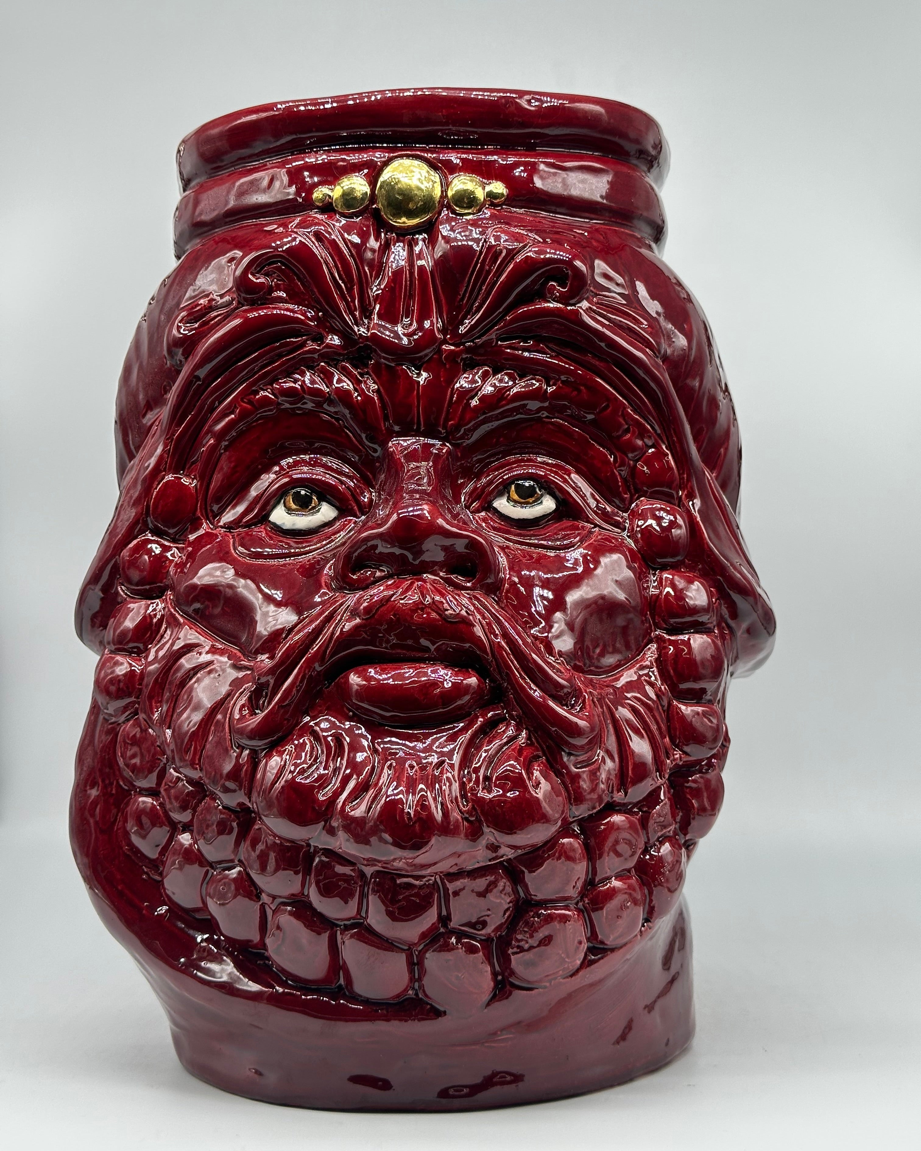 Testa Mitologica Uomo Ceramica Caltagirone cm H.35 L.25 Artigianale Bordeaux dettagli Oro - TESTA DI MORO