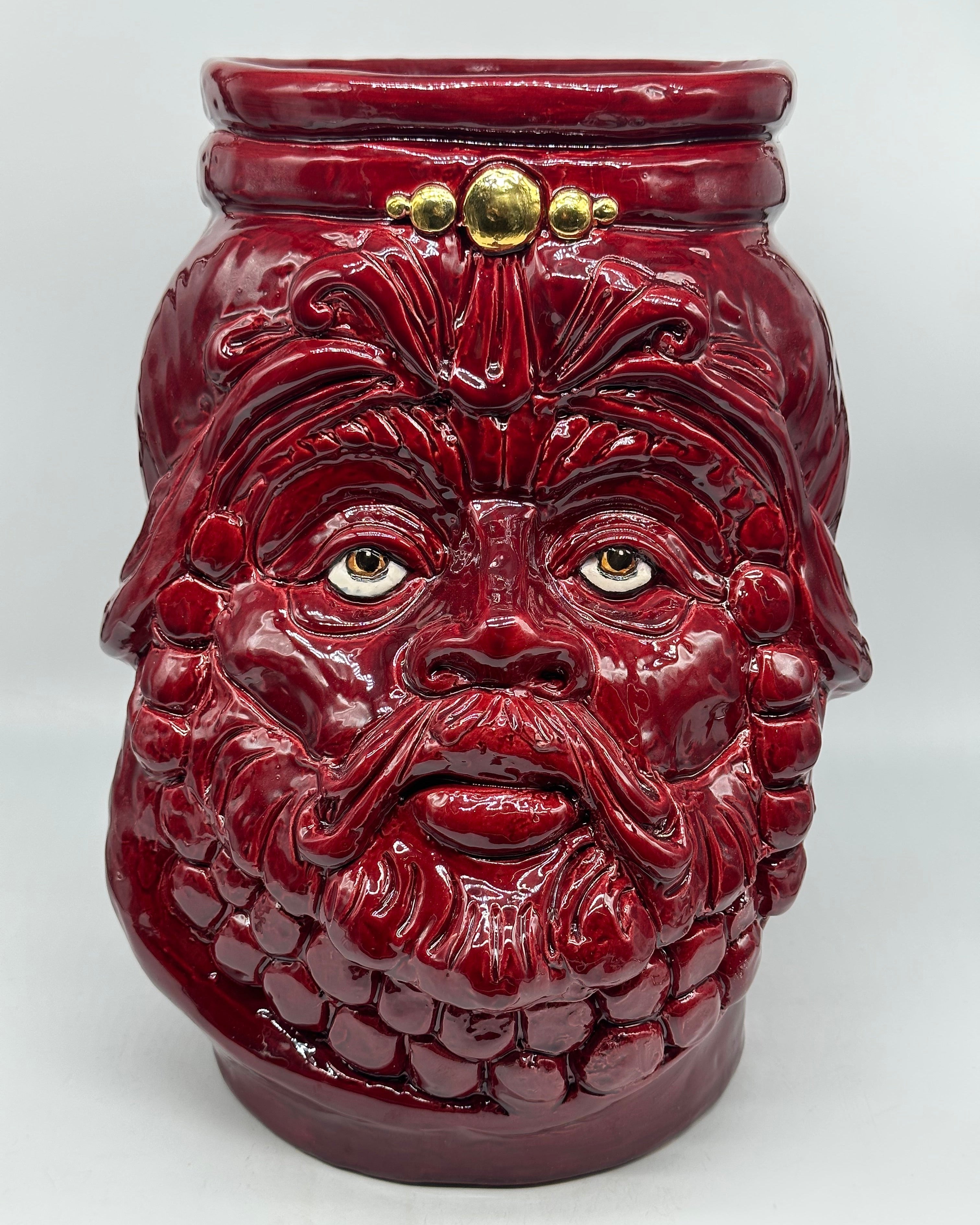 Testa Mitologica Uomo Ceramica Caltagirone cm H.35 L.25 Artigianale Bordeaux dettagli Oro - TESTA DI MORO