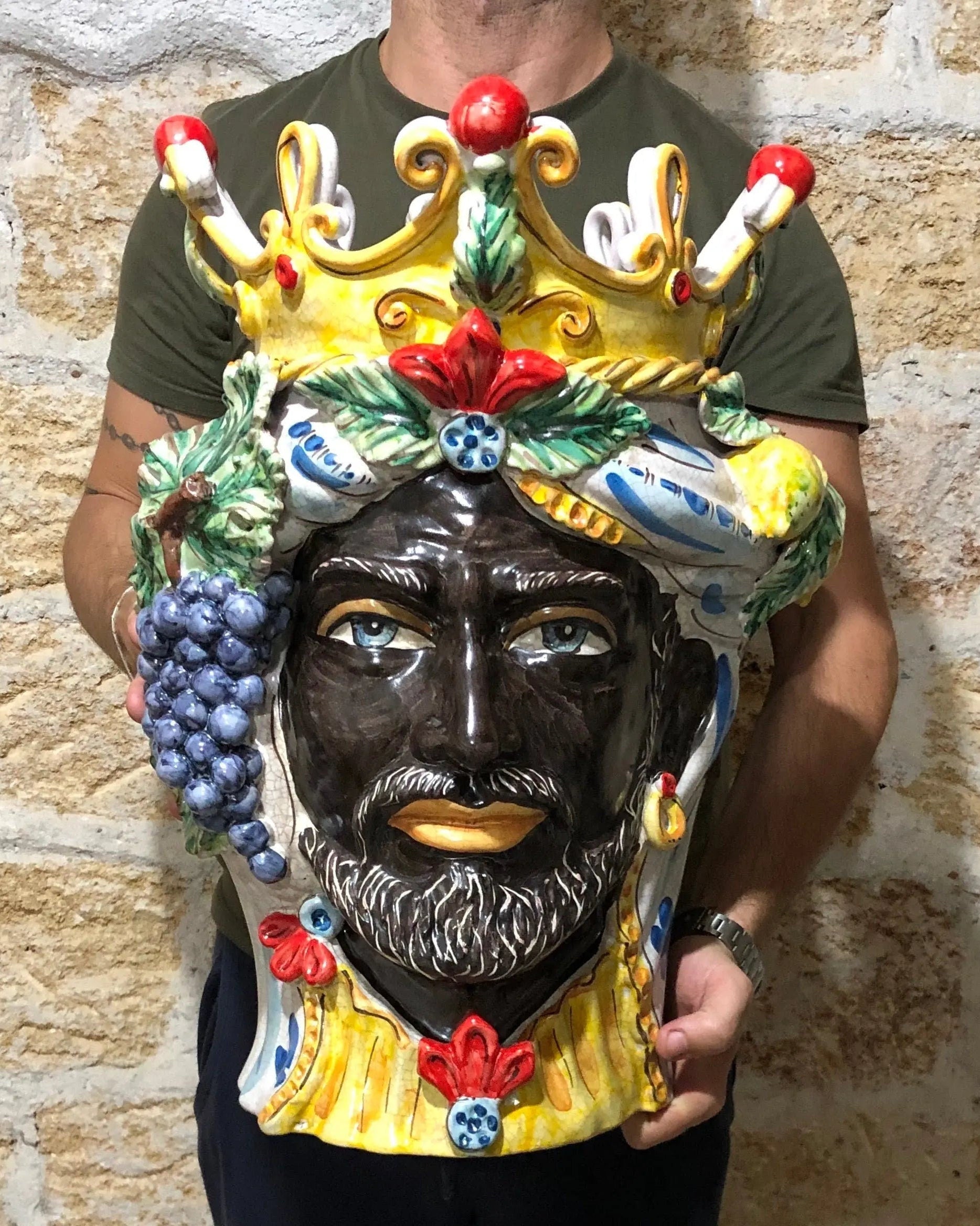 Teste di Moro Gigante Ceramica Caltagirone cm H.50 L.37 Artigianale Craquelé DD CERAMICHE SICILIANE