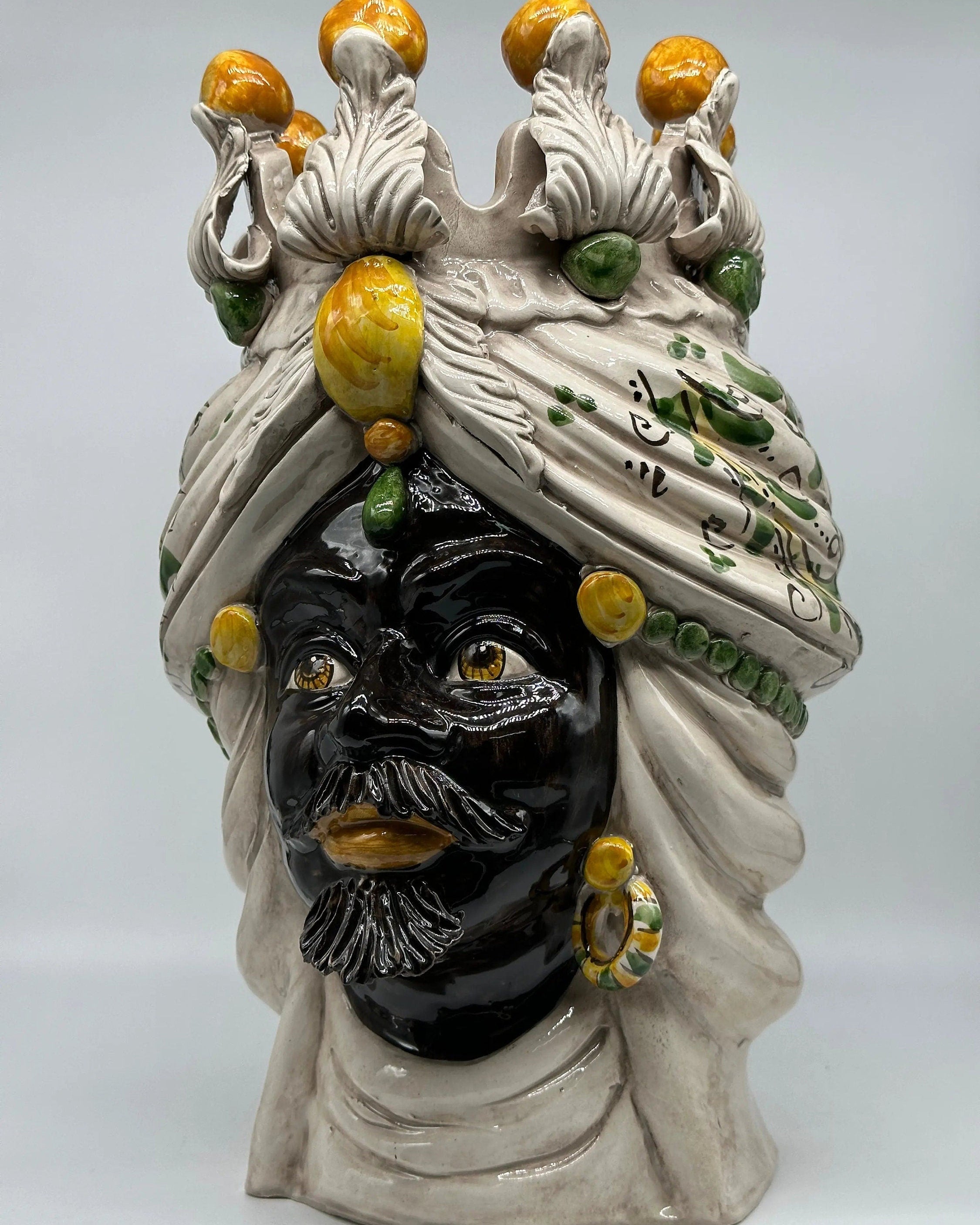 Teste di Moro Seicento Ceramica Caltagirone cm H.40 L.24 Artigianale Giallo Verde DD CERAMICHE SICILIANE