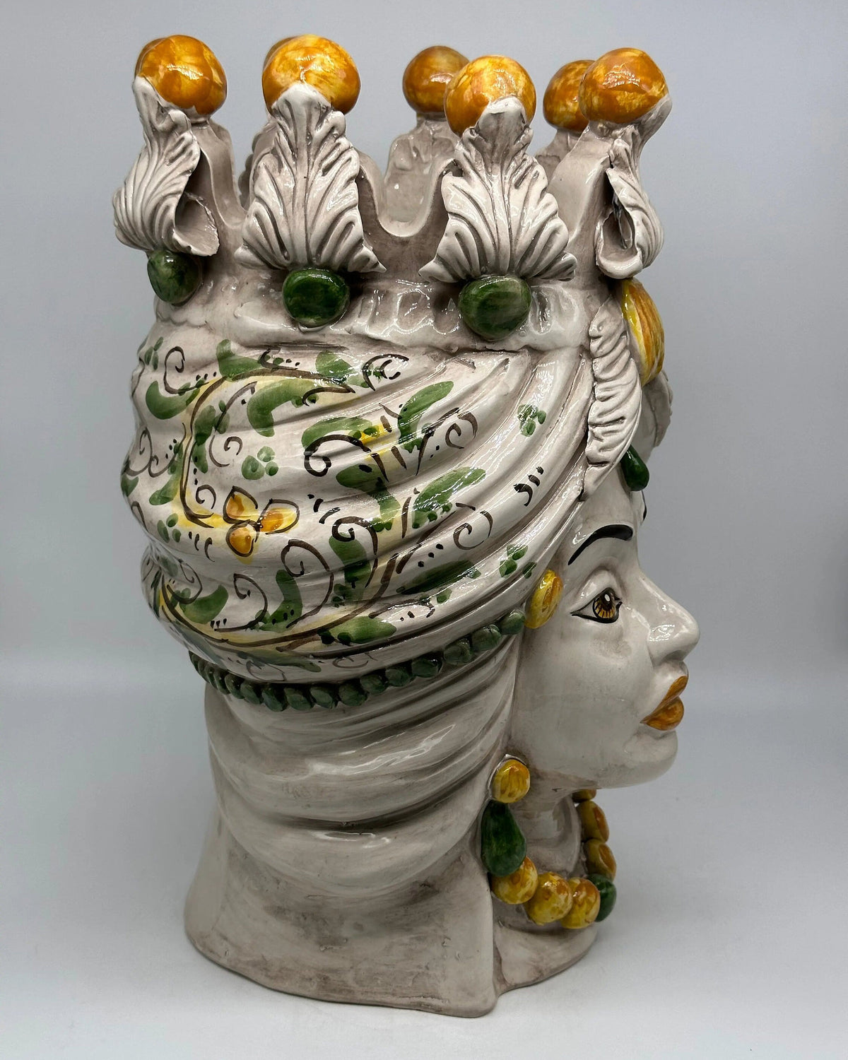 Teste di Moro Seicento Ceramica Caltagirone cm H.40 L.24 Artigianale Giallo Verde DD CERAMICHE SICILIANE