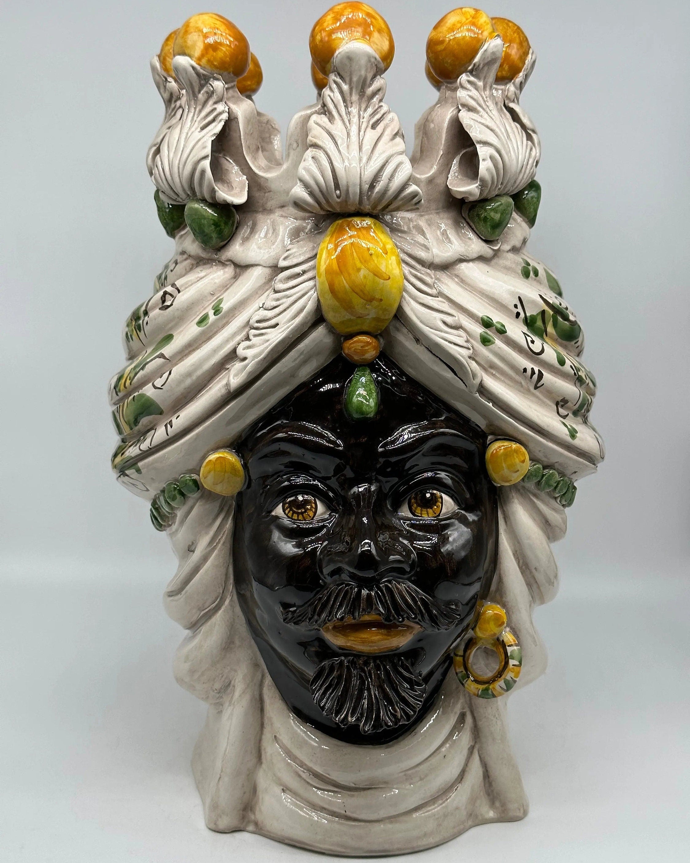 Teste di Moro Seicento Ceramica Caltagirone cm H.40 L.24 Artigianale Giallo Verde DD CERAMICHE SICILIANE