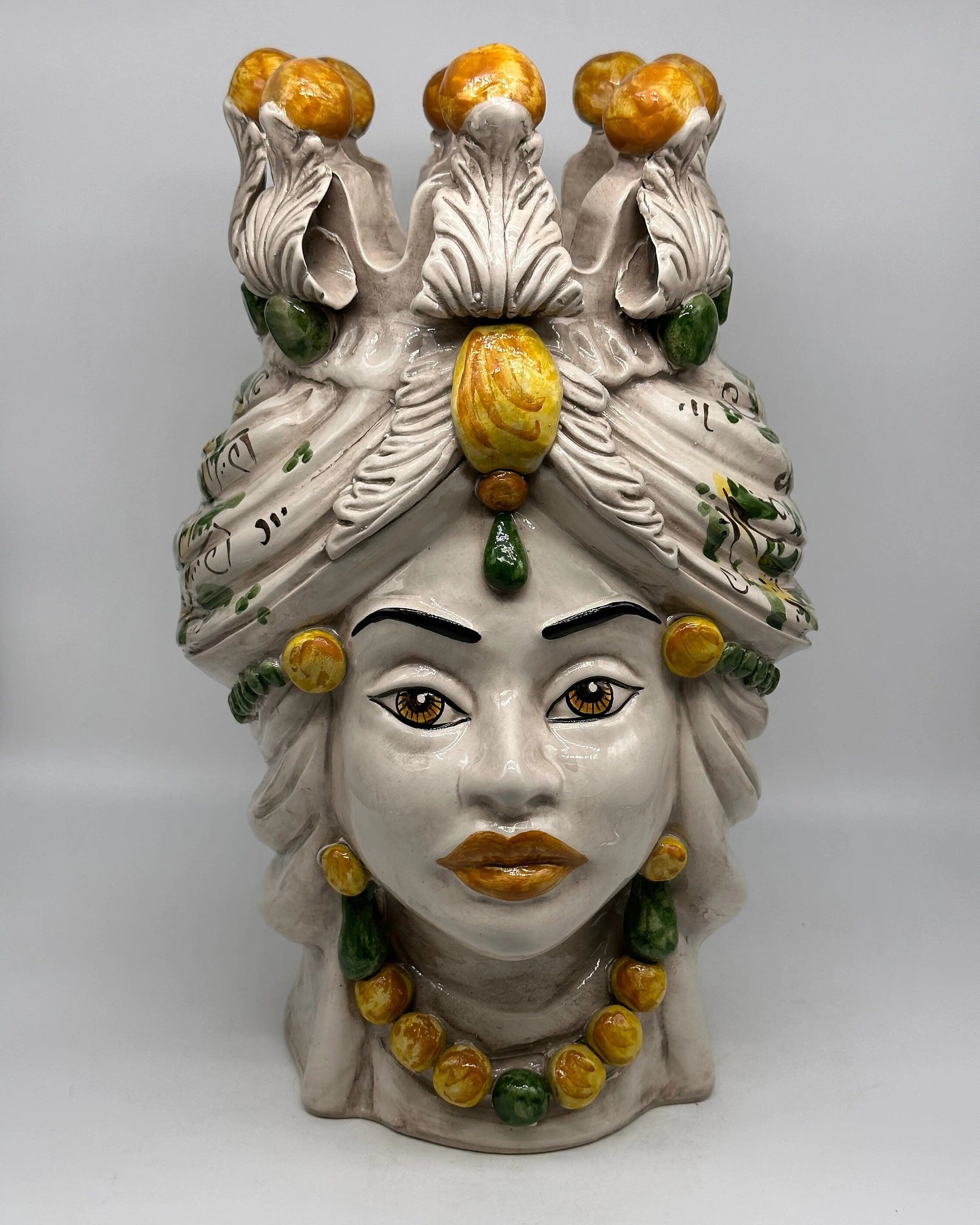 Teste di Moro Seicento Ceramica Caltagirone cm H.40 L.24 Artigianale Giallo Verde DD CERAMICHE SICILIANE