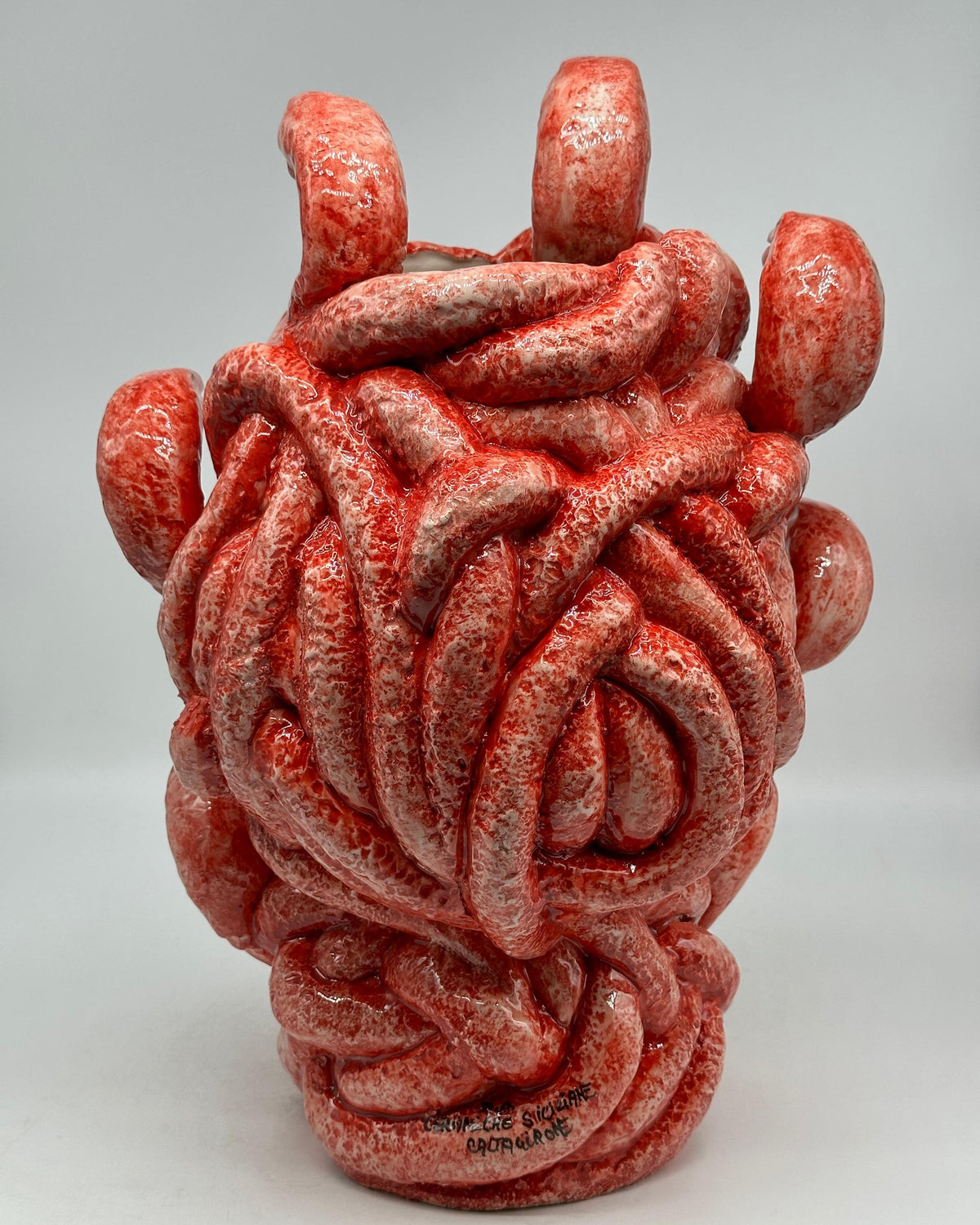 Testa Mitologica Medusa Ceramica Caltagirone cm H.38 L.25 Artigianale Rosso dettagli Oro