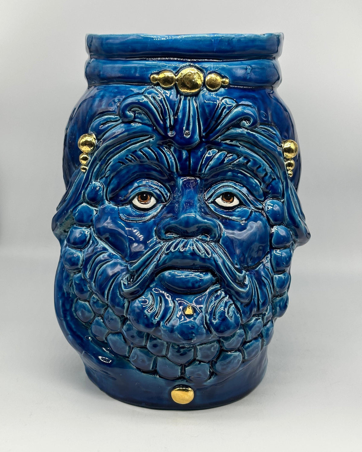Testa Mitologica Uomo Ceramica Caltagirone cm H.35 L.25 Artigianale Blu dettagli Oro - TESTA DI MORO
