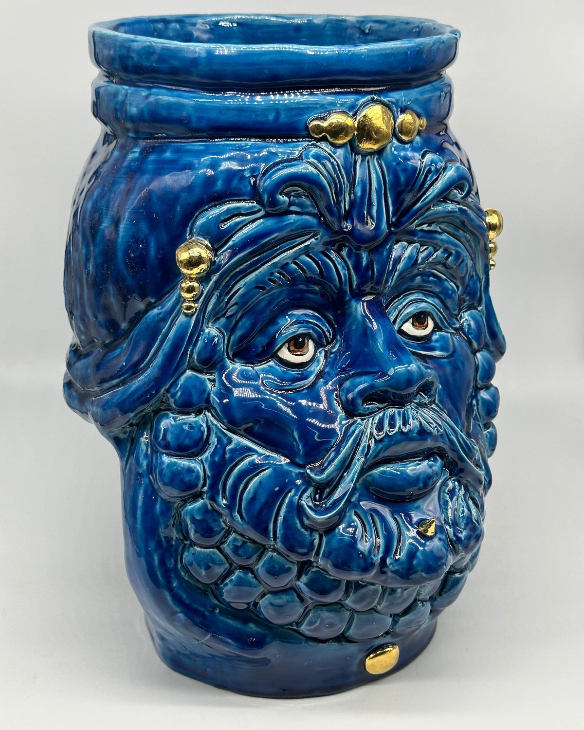 Testa Mitologica Uomo Ceramica Caltagirone cm H.35 L.25 Artigianale Blu dettagli Oro - TESTA DI MORO