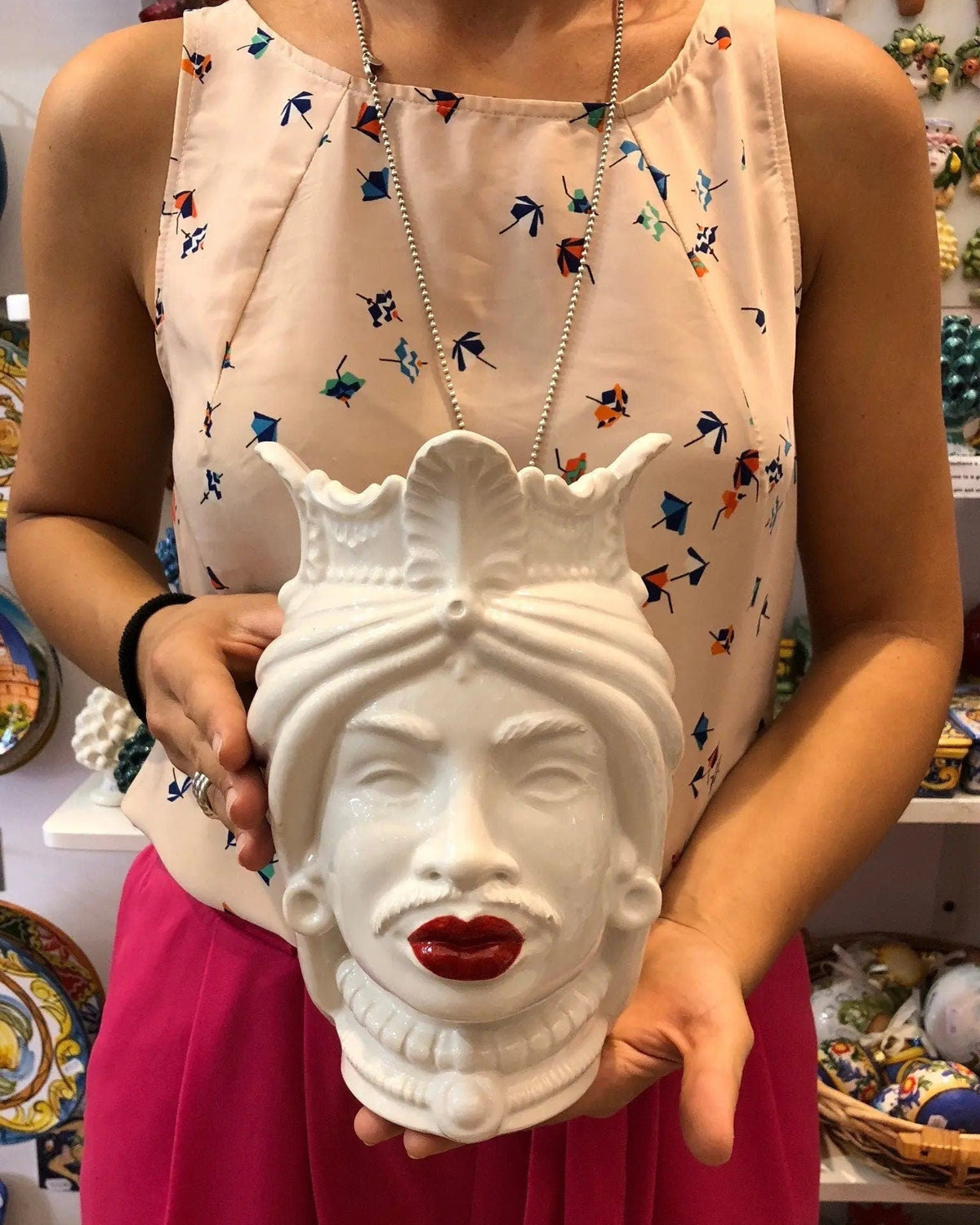 Teste di Moro Afro Ceramica Caltagirone cm H.25 L.17 Artigianale Bianco Labbra Rosse DD CERAMICHE SICILIANE