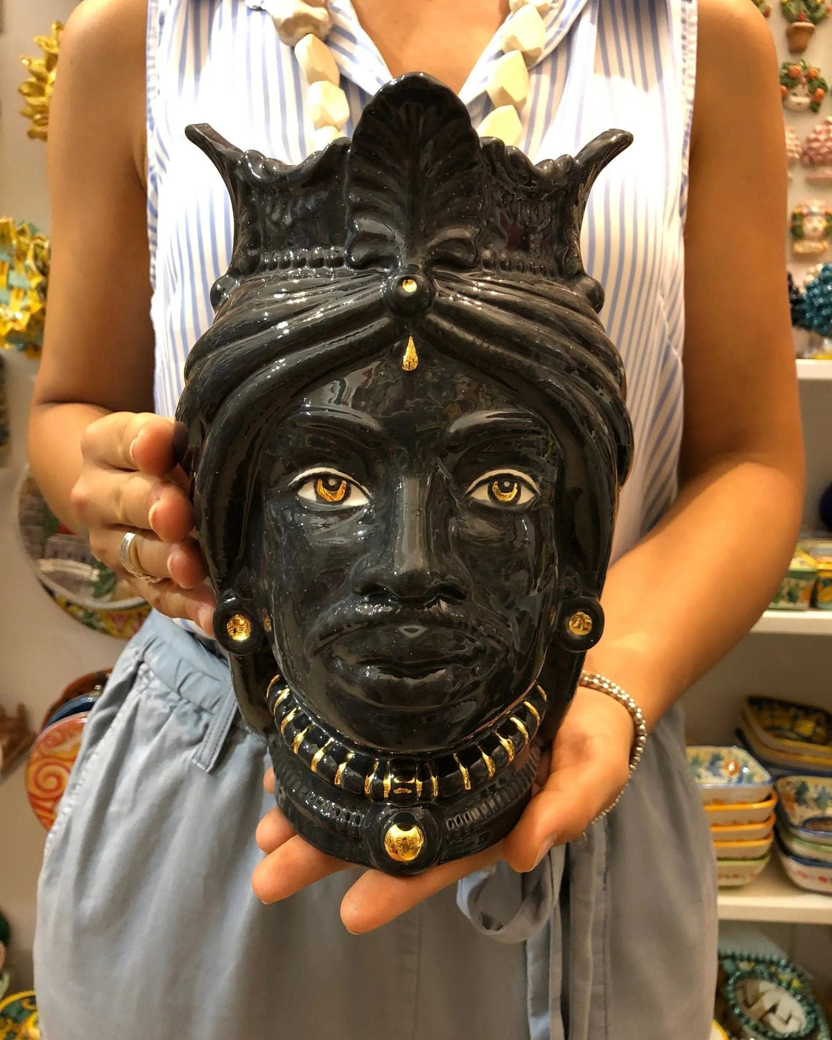 Teste di Moro Afro Ceramica Caltagirone cm H.25 L.17 Artigianale Nero dettagli Oro DD CERAMICHE SICILIANE