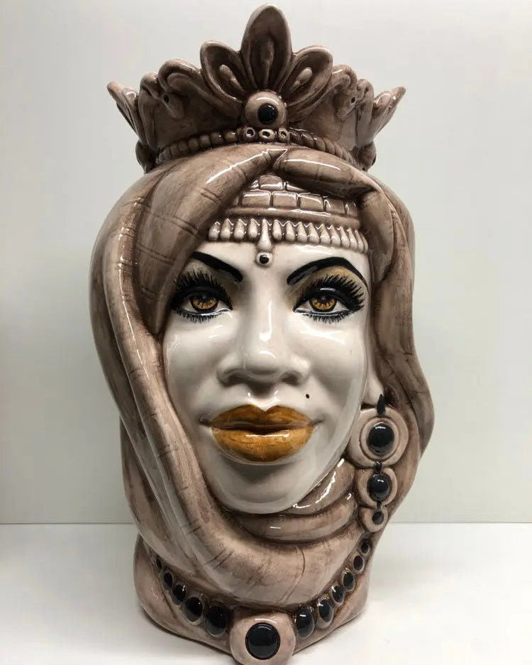 Teste di Moro Afro Ceramica Caltagirone cm H.35 L.23 Artigianale Beige Écru DD CERAMICHE SICILIANE