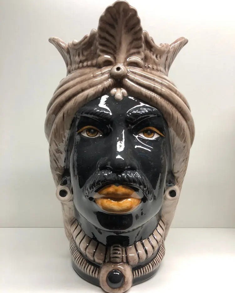 Teste di Moro Afro Ceramica Caltagirone cm H.35 L.23 Artigianale Beige Écru DD CERAMICHE SICILIANE