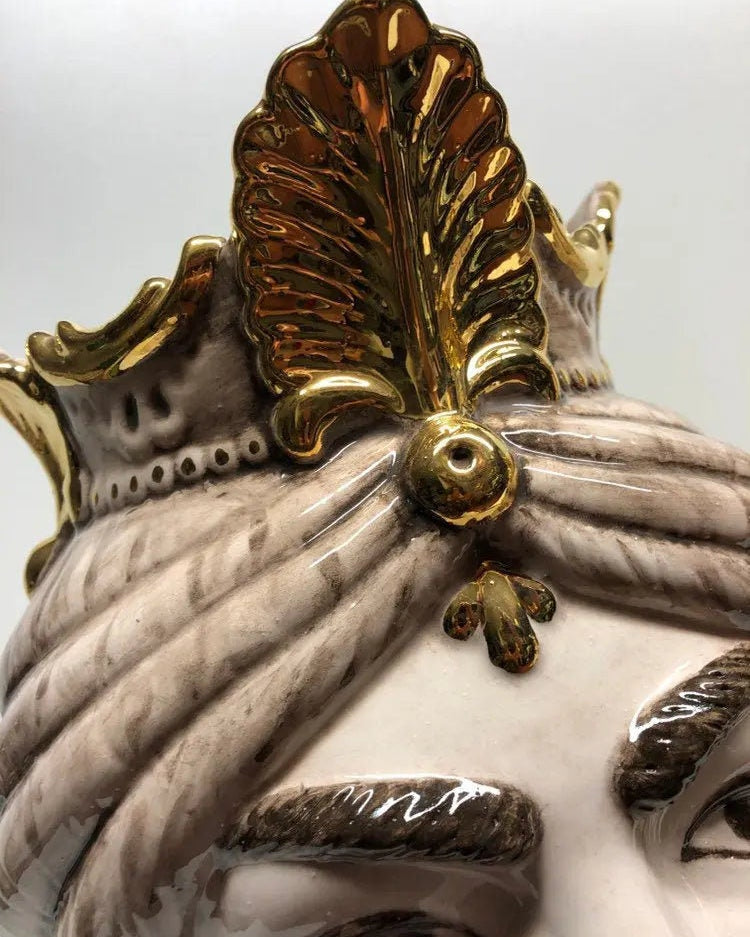 Teste di Moro Afro Ceramica Caltagirone cm H.35 L.23 Artigianale Écru dettagli Oro DD CERAMICHE SICILIANE