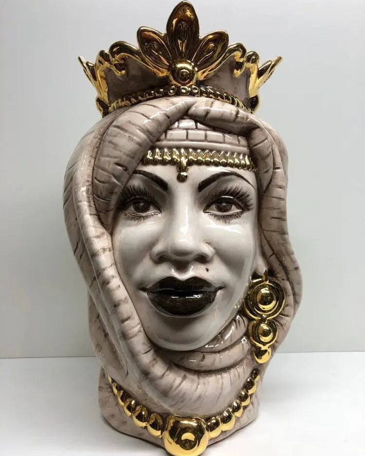 Teste di Moro Afro Ceramica Caltagirone cm H.35 L.23 Artigianale Écru dettagli Oro DD CERAMICHE SICILIANE