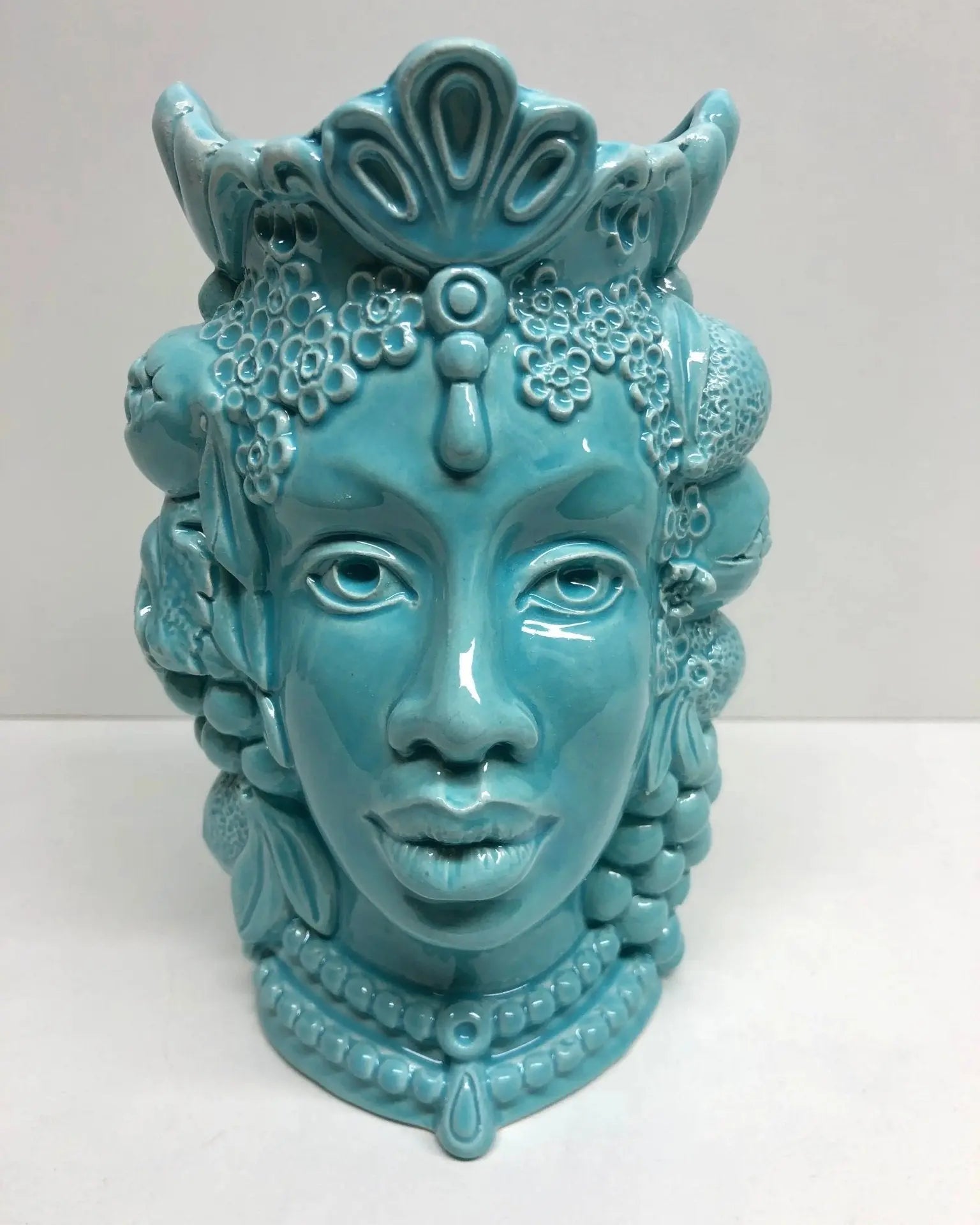 Teste di Moro Afro Frutta Ceramica Caltagirone cm H.18 L.12 Artigianale Celeste - DD CERAMICHE SICILIANE
