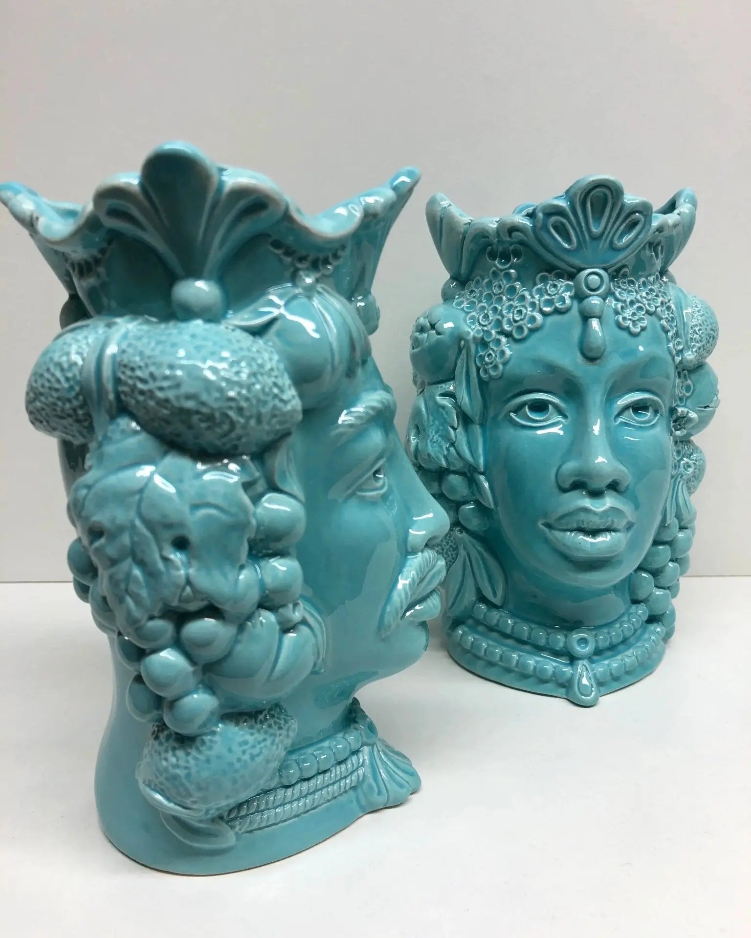 Teste di Moro Afro Frutta Ceramica Caltagirone cm H.18 L.12 Artigianale Celeste - DD CERAMICHE SICILIANE