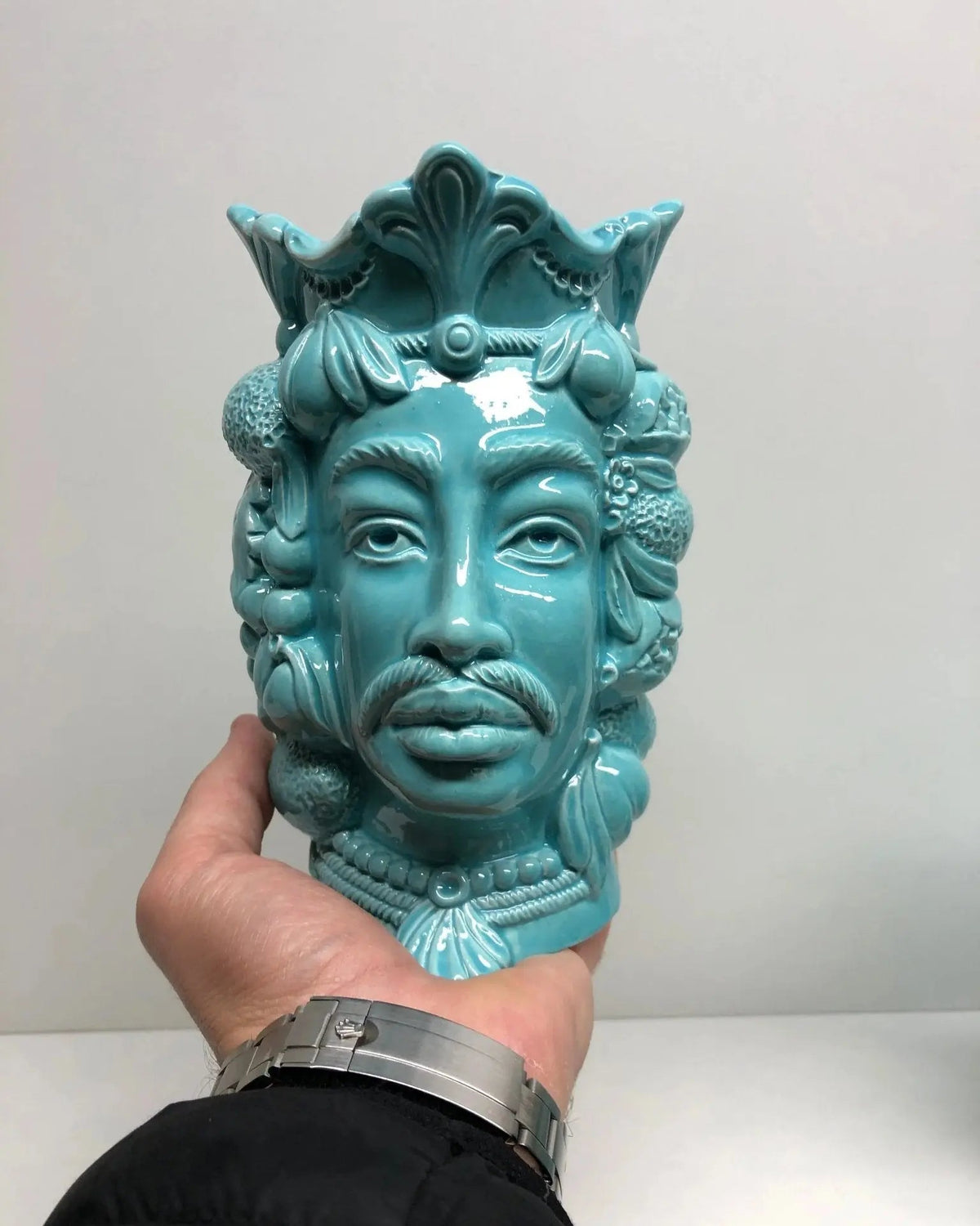 Teste di Moro Afro Frutta Ceramica Caltagirone cm H.18 L.12 Artigianale Celeste - DD CERAMICHE SICILIANE