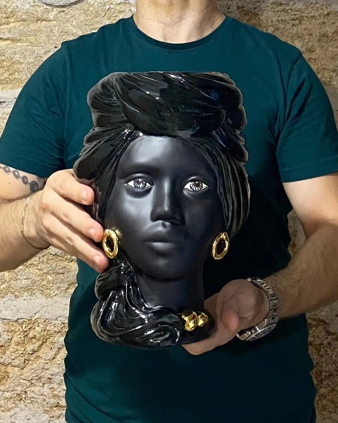 Teste di Moro Anubi Ceramica Caltagirone cm H.29 L.20 Artigianale Nero Oro DD CERAMICHE SICILIANE