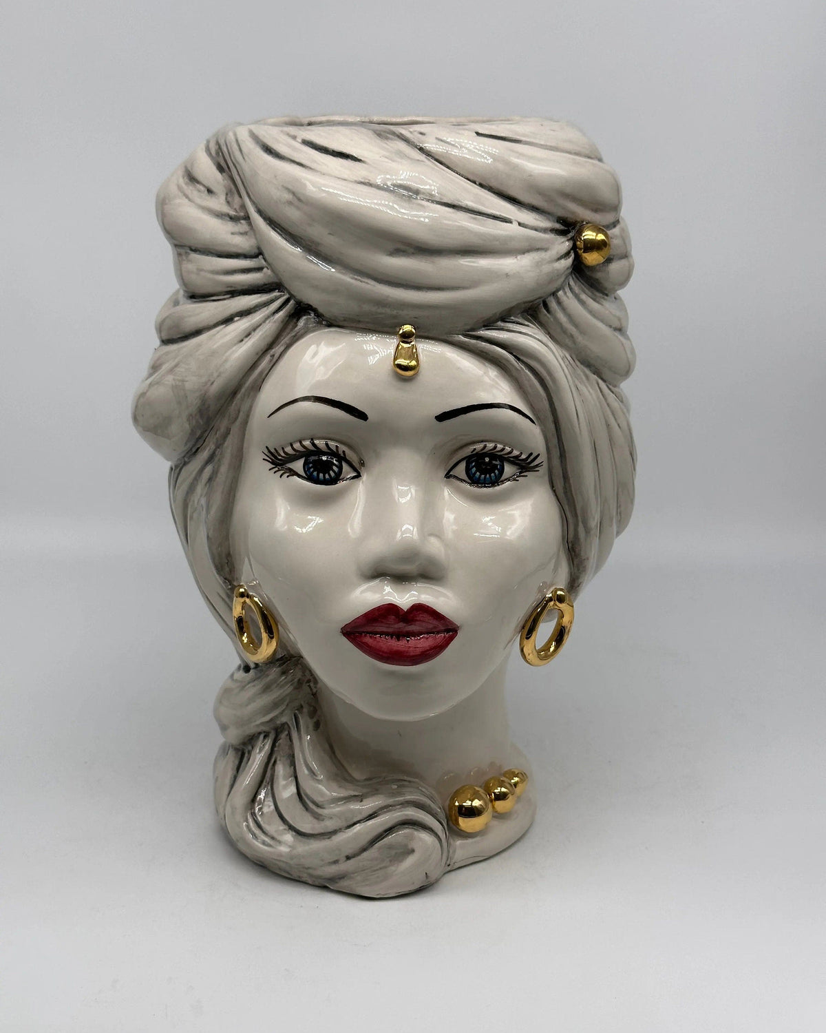 Teste di Moro Anubi Ceramica Caltagirone cm H.29 L.20 Artigianale Grigio Nero Oro DD CERAMICHE SICILIANE
