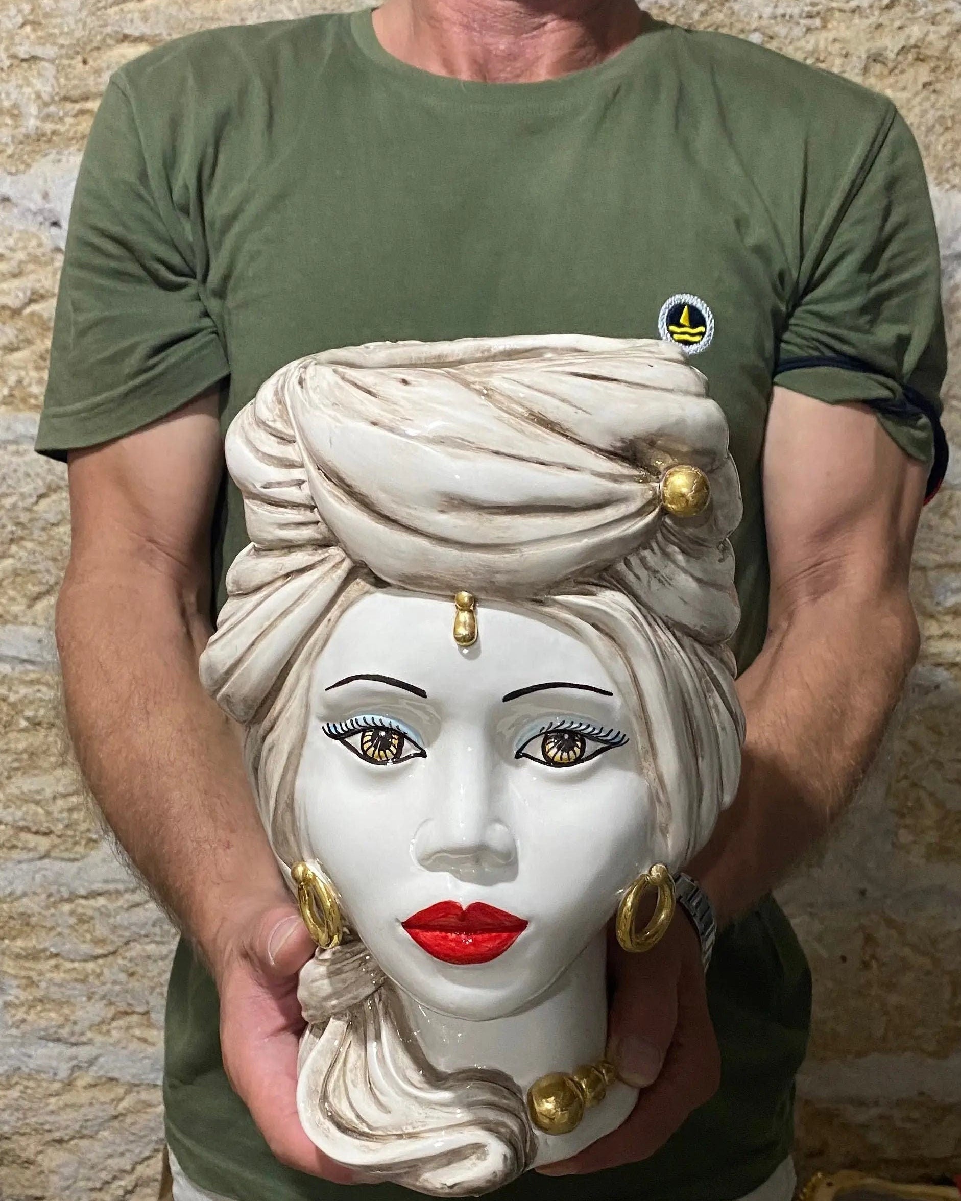 Teste di Moro Anubi Ceramica Caltagirone cm H.29 L.20 Artigianale Écru Beige Oro DD CERAMICHE SICILIANE