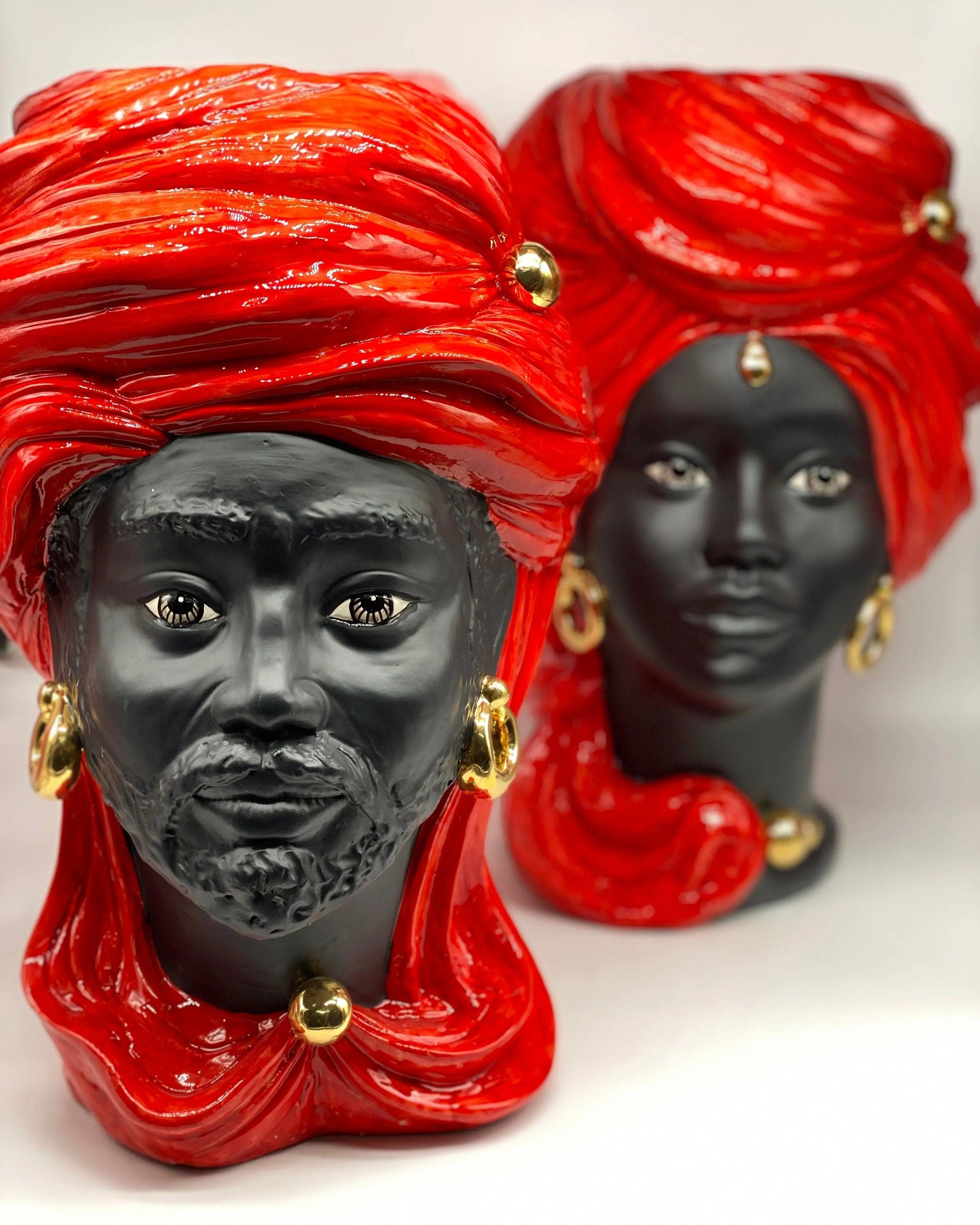 Teste di Moro Anubi Ceramica Caltagirone cm H.40 L.25 Artigianale Rosso Nero Oro DD CERAMICHE SICILIANE