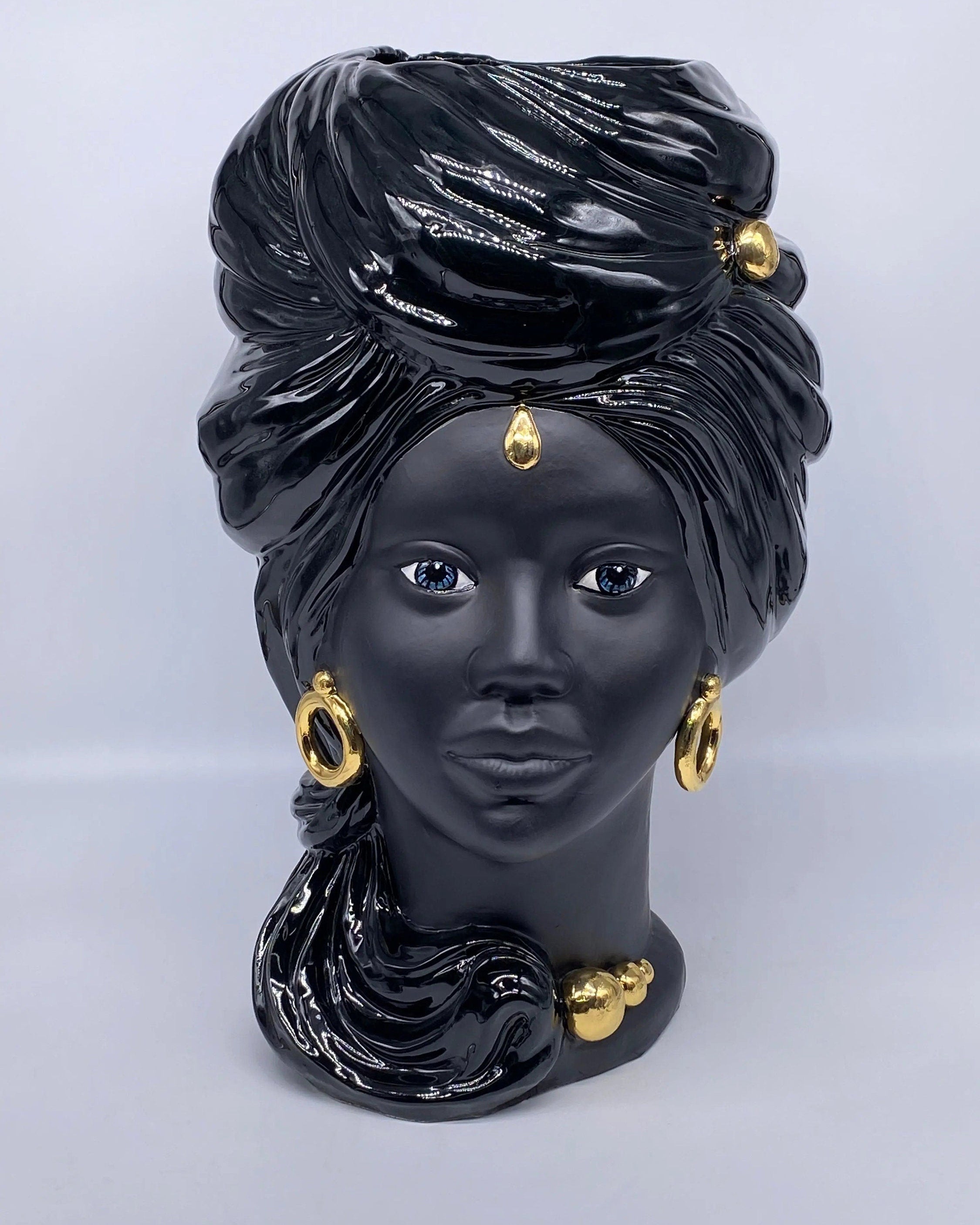 Teste di Moro Anubi Ceramica Caltagirone cm H.40 L.25 Artigianale Nero Oro DD CERAMICHE SICILIANE