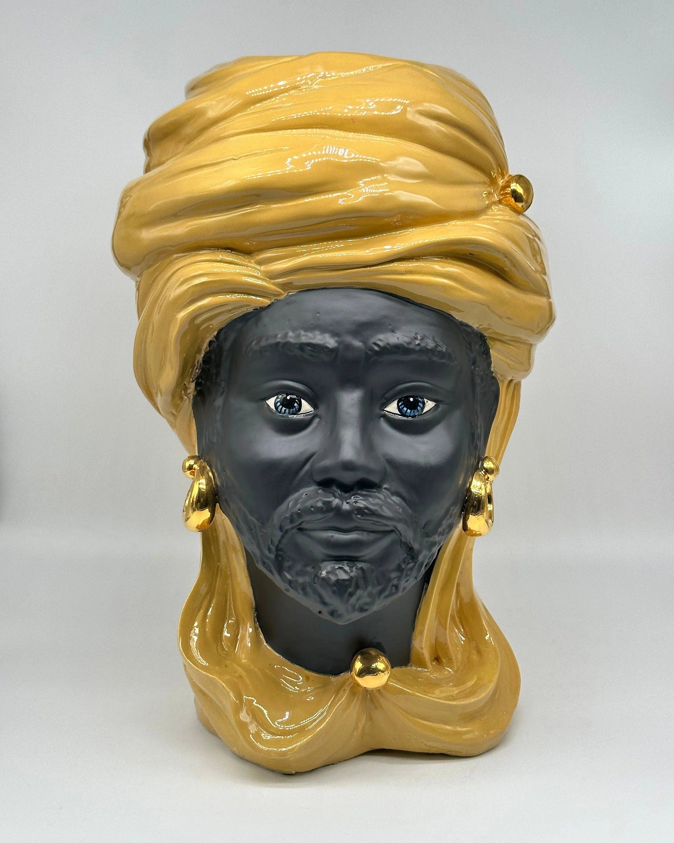 Teste di Moro Anubi Ceramica Caltagirone cm H.40 L.25 Artigianale Senape Nero Oro DD CERAMICHE SICILIANE