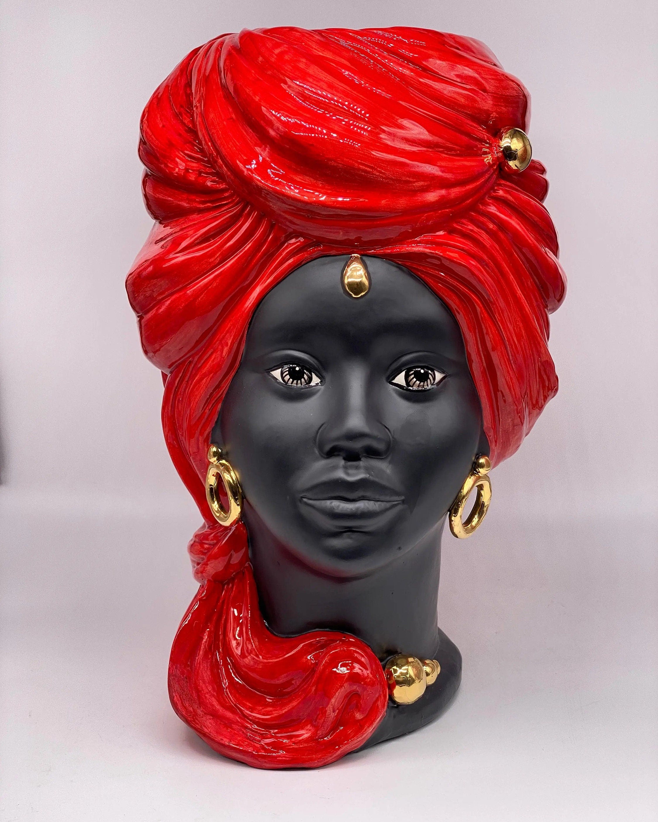 Teste di Moro Anubi Ceramica Caltagirone cm H.40 L.25 Artigianale Rosso Nero Oro DD CERAMICHE SICILIANE