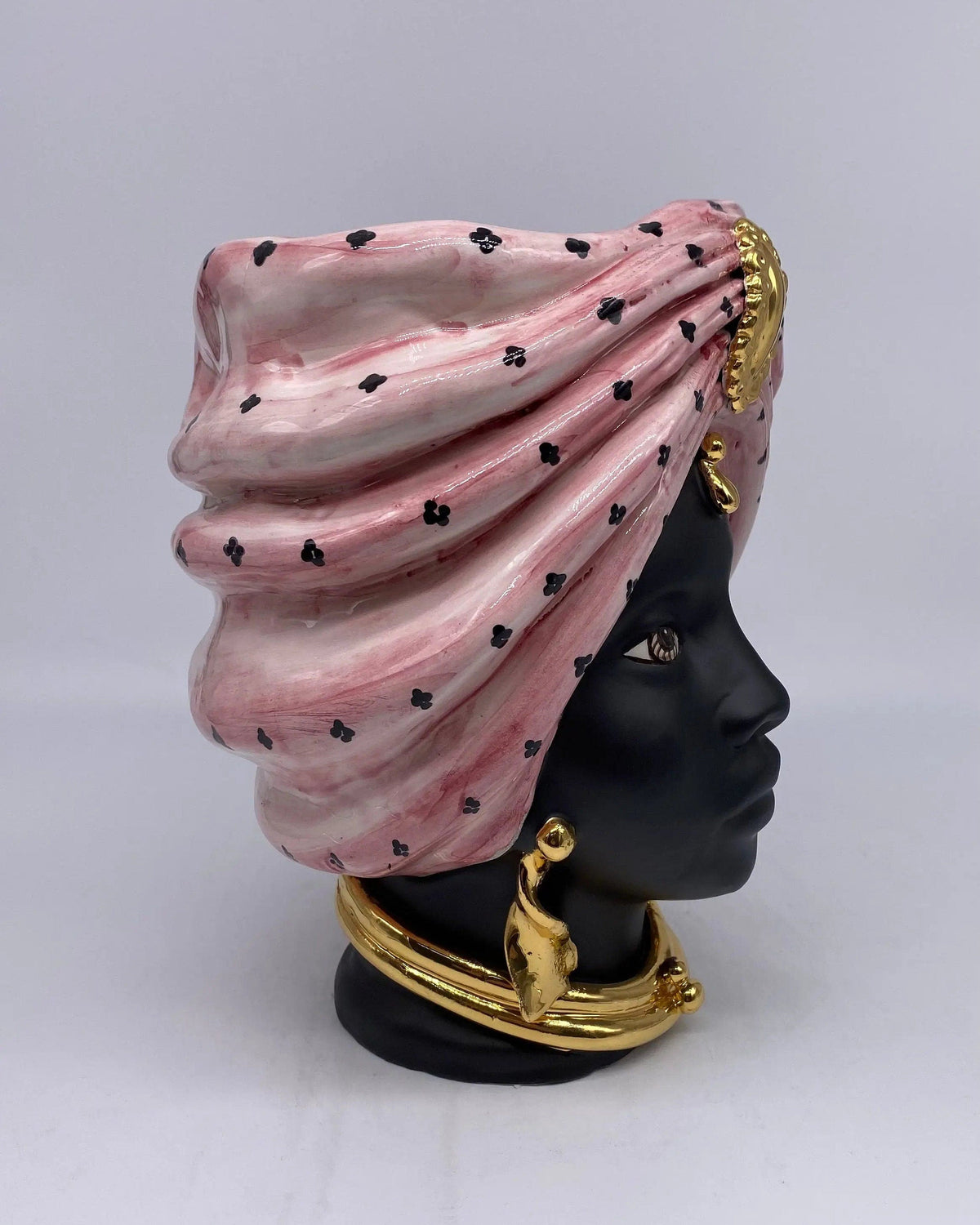 Teste di Moro Atena Ceramica Caltagirone cm H.24 L.18 Artigianale Rosa Pois Nero Oro DD CERAMICHE SICILIANE