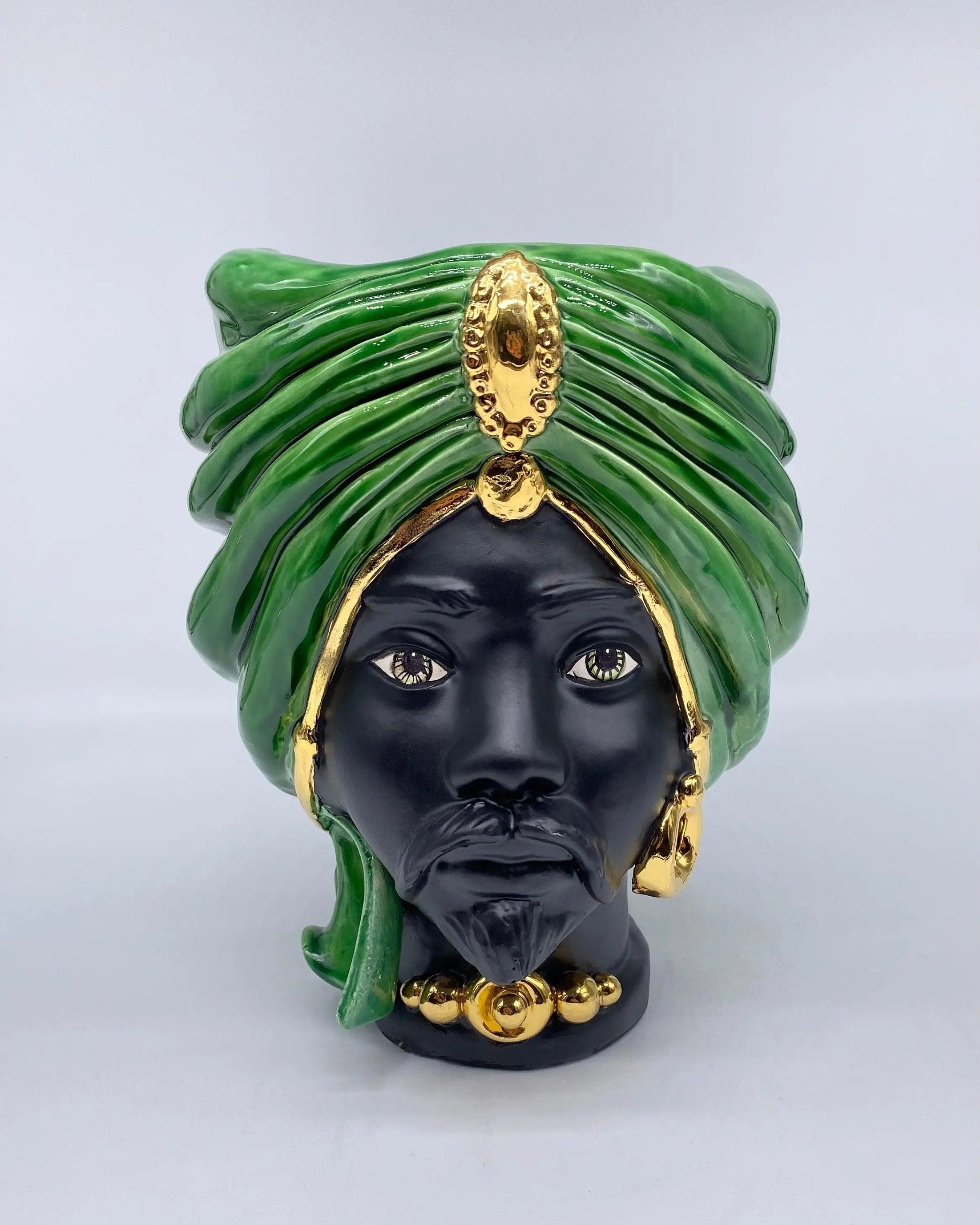 Teste di Moro Atena Ceramica Caltagirone cm H.24 L.18 Artigianale Verde Cristallo Opaco Oro DD CERAMICHE SICILIANE