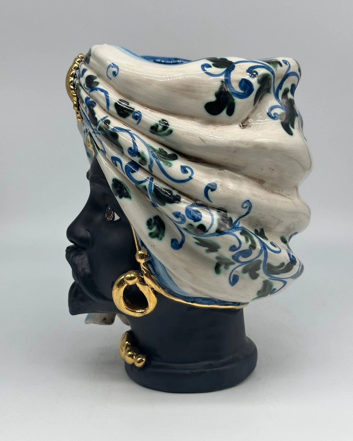 Teste di Moro Atena Ceramica Caltagirone cm H.24 L.18 Artigianale Bianco Barocco Blu Verde Oro DD CERAMICHE SICILIANE