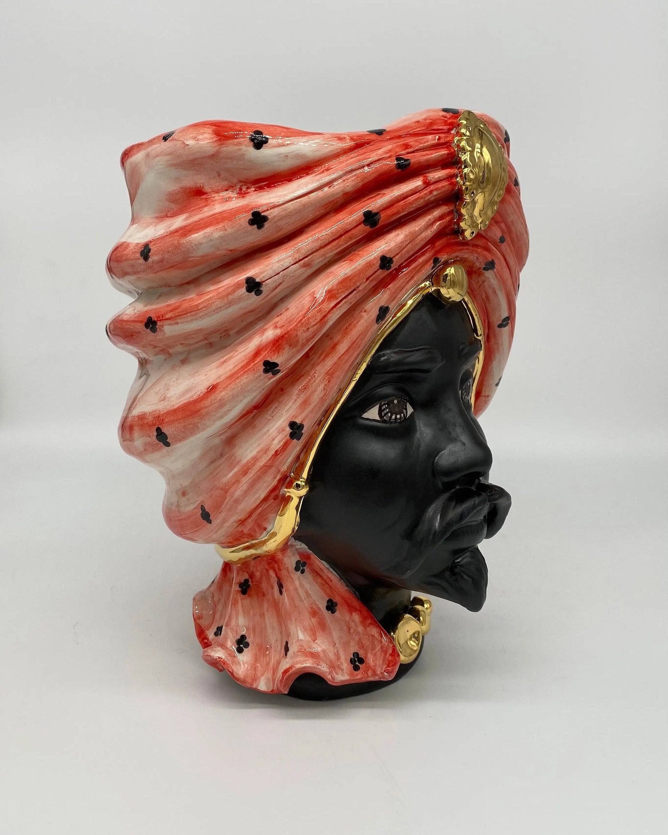 Teste di Moro Atena Ceramica Caltagirone cm H.24 L.18 Artigianale Rosso Pois Nero Oro DD CERAMICHE SICILIANE