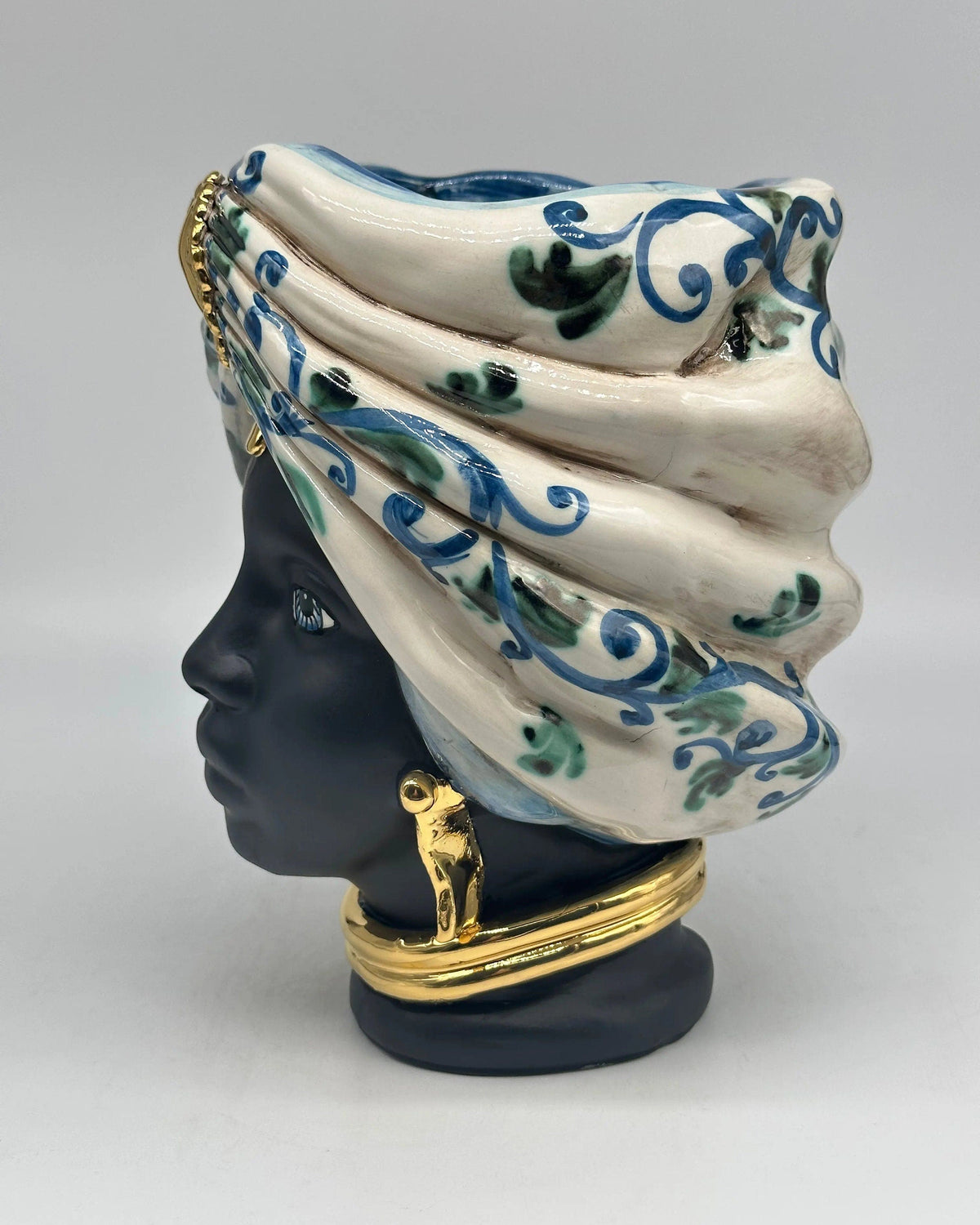Teste di Moro Atena Ceramica Caltagirone cm H.24 L.18 Artigianale Bianco Barocco Blu Verde Oro DD CERAMICHE SICILIANE
