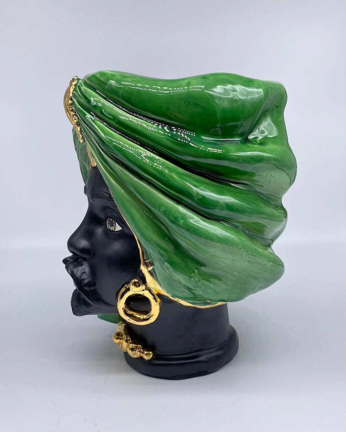 Teste di Moro Atena Ceramica Caltagirone cm H.24 L.18 Artigianale Verde Cristallo Opaco Oro DD CERAMICHE SICILIANE