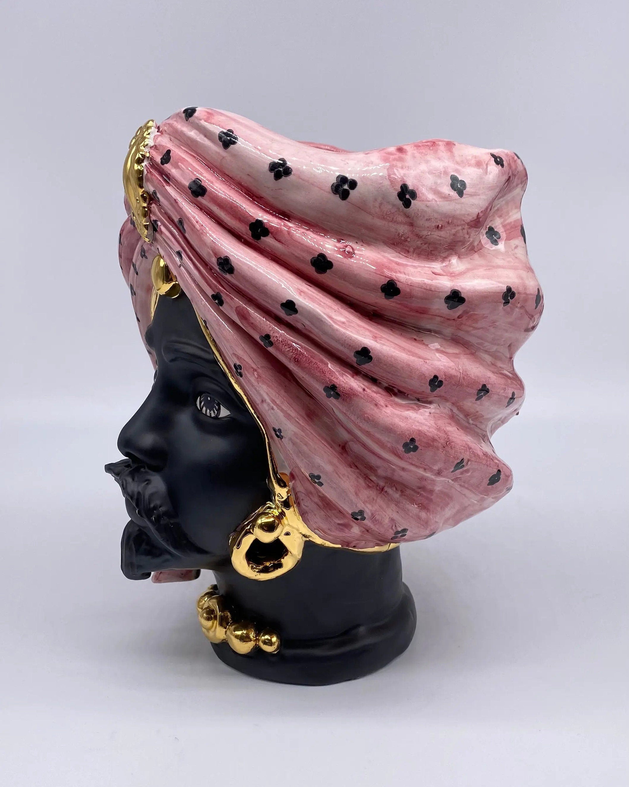 Teste di Moro Atena Ceramica Caltagirone cm H.24 L.18 Artigianale Rosa Pois Nero Oro DD CERAMICHE SICILIANE
