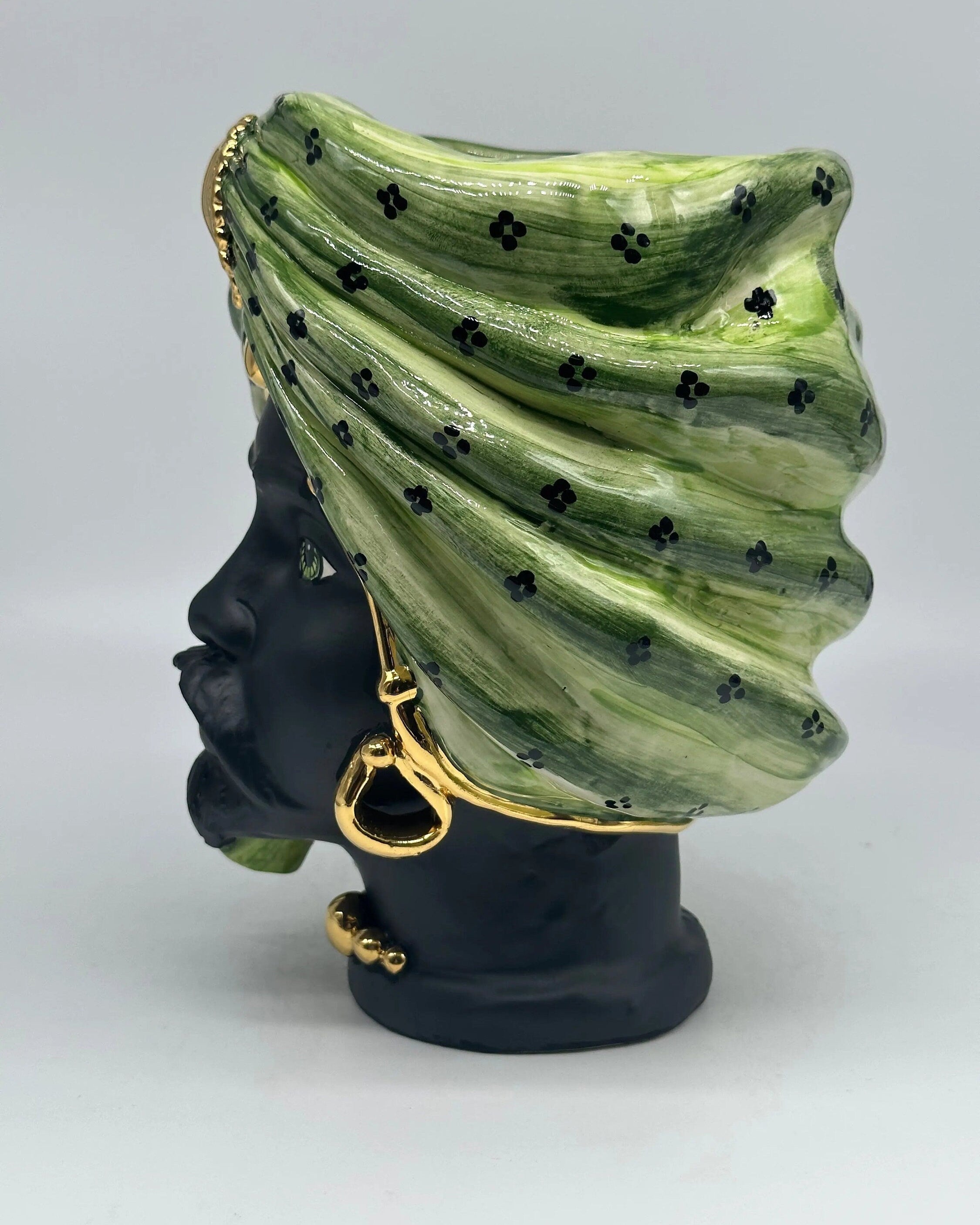 Teste di Moro Atena Ceramica Caltagirone cm H.24 L.18 Artigianale Verde Pois Nero Oro DD CERAMICHE SICILIANE