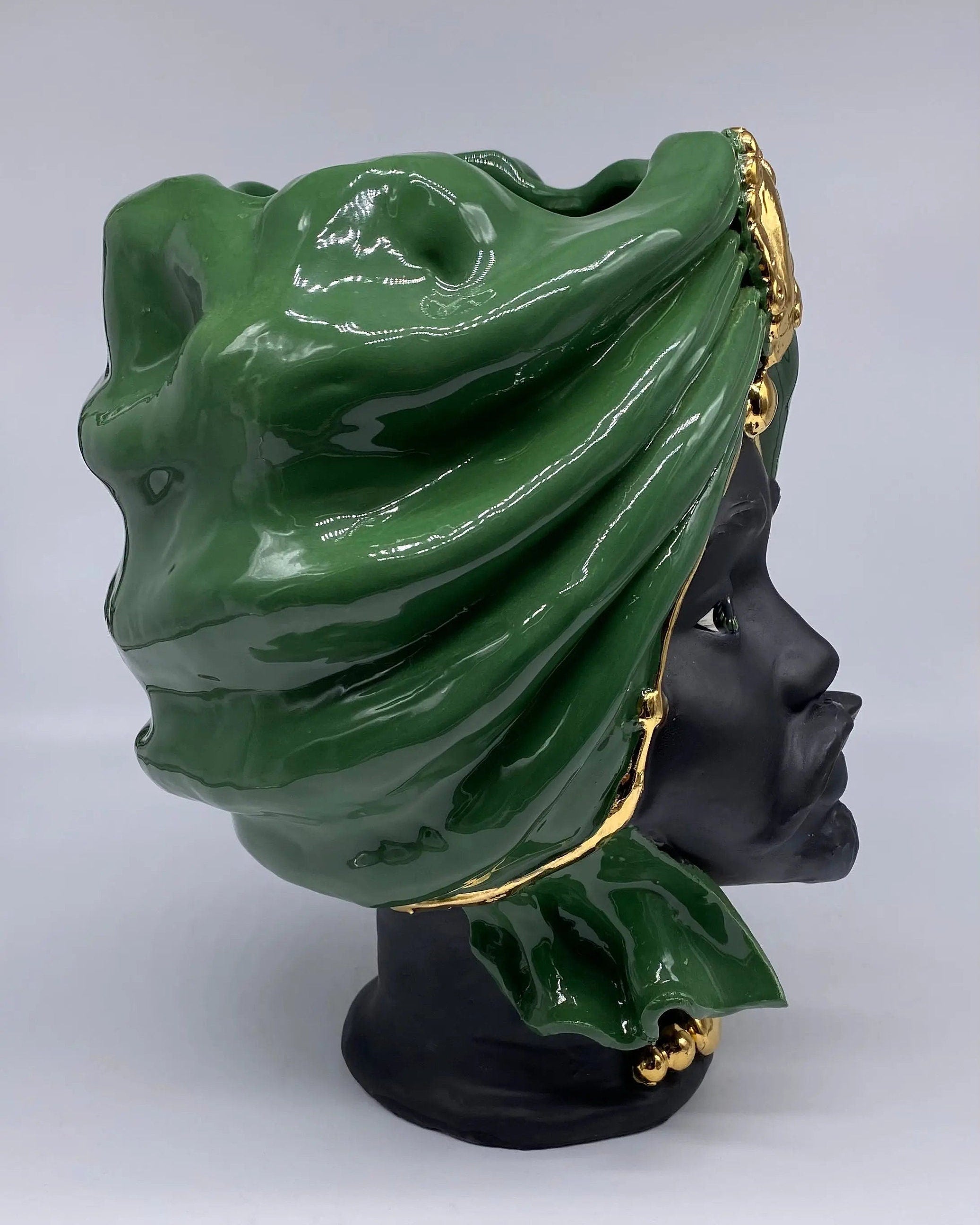 Teste di Moro Atena Ceramica Caltagirone cm H.30 L.23 Artigianale Verde Nero Oro DD CERAMICHE SICILIANE