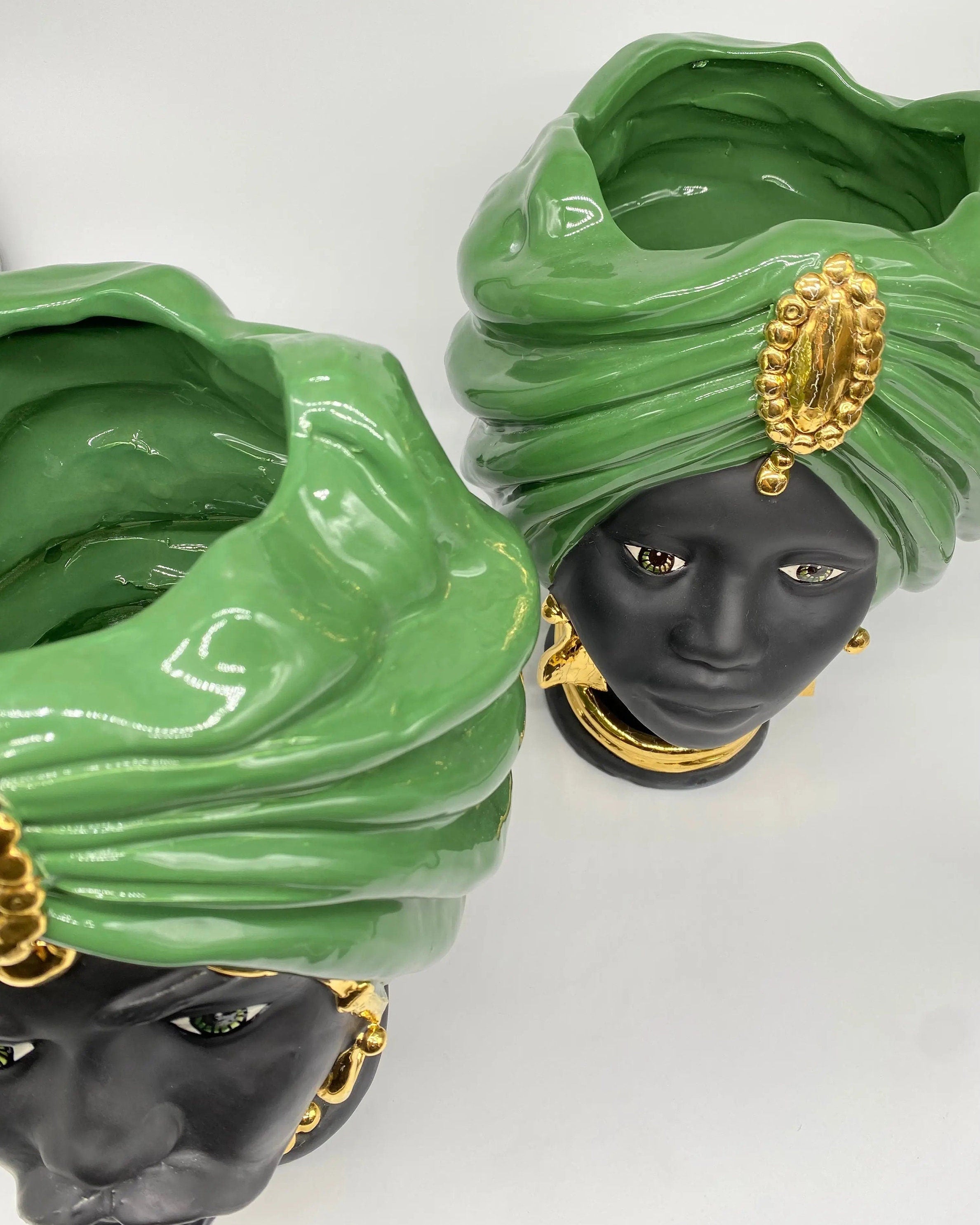 Teste di Moro Atena Ceramica Caltagirone cm H.30 L.23 Artigianale Verde Nero Oro DD CERAMICHE SICILIANE